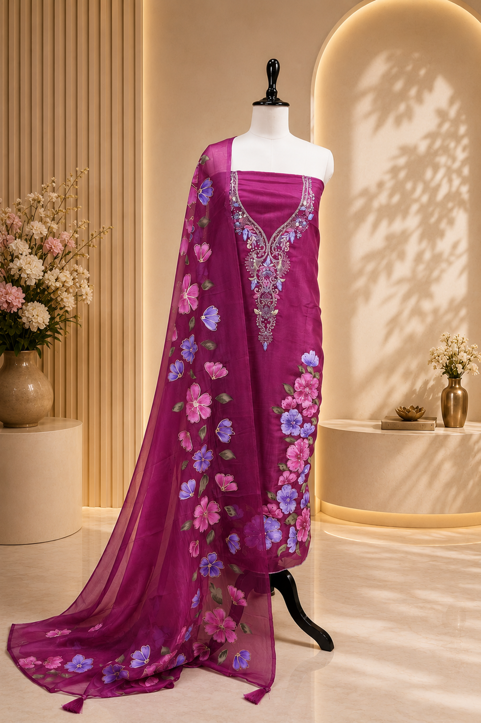 Wine Organza Featuring Elegant Hand-Painted Floral Designs Combined with Hand Embroidery Detailing Unstitched Suit