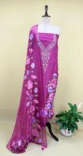 Pink Organza Featuring Elegant Hand-Painted Floral Designs Combined with Hand Embroidery Detailing Unstitched Suit