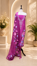 Pink Organza Featuring Elegant Hand-Painted Floral Designs Combined with Hand Embroidery Detailing Unstitched Suit