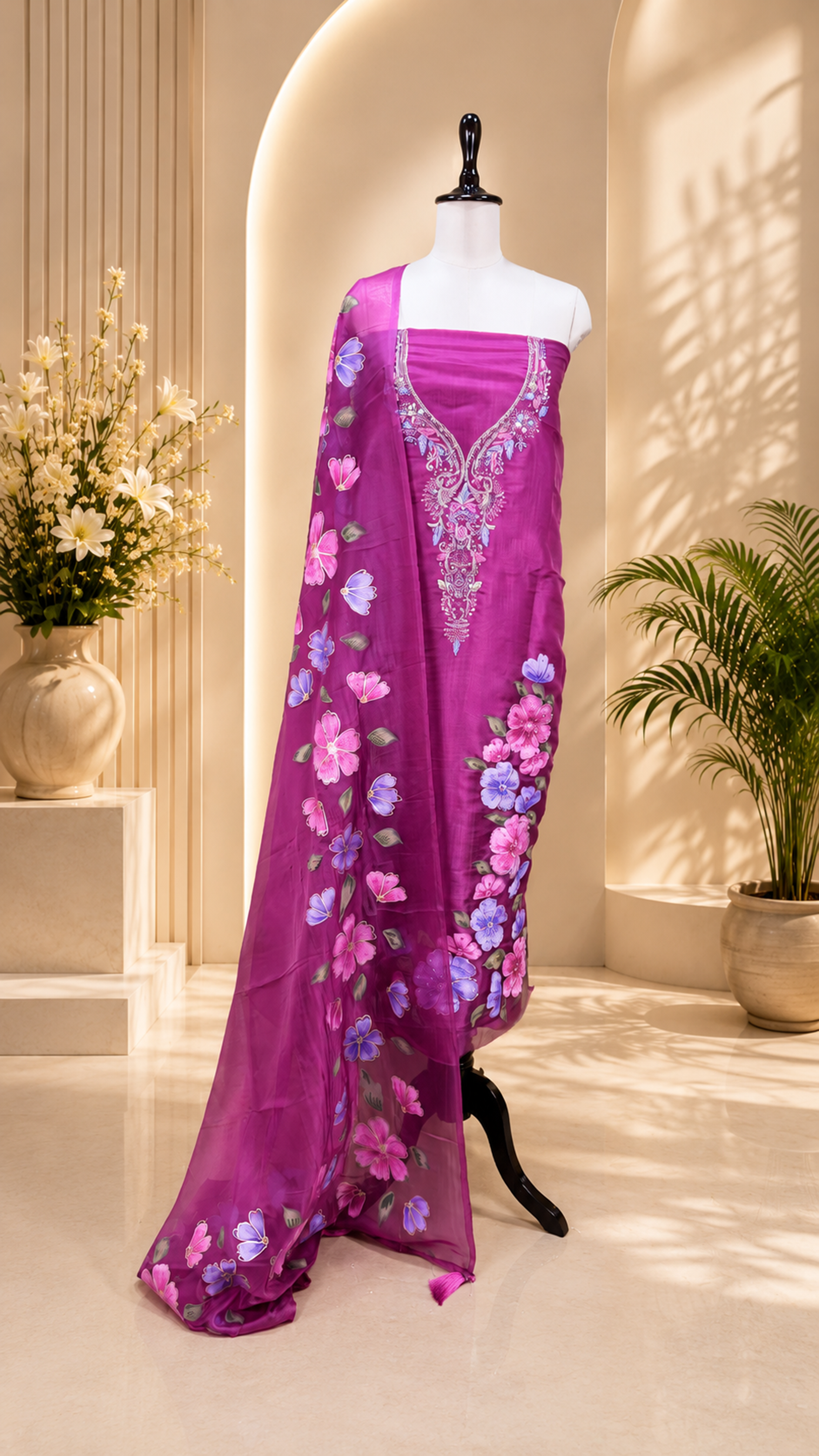 Pink Organza Featuring Elegant Hand-Painted Floral Designs Combined with Hand Embroidery Detailing Unstitched Suit