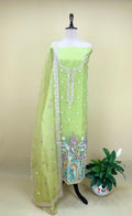 Green Organza Multi Colour Thread Embroidery and Heavy Silver Zari Work Unstitched Suit. - Kalamusk