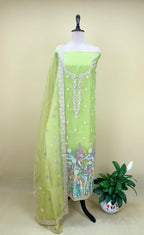 Green Organza Multi Colour Thread Embroidery and Heavy Silver Zari Work Unstitched Suit. - Kalamusk
