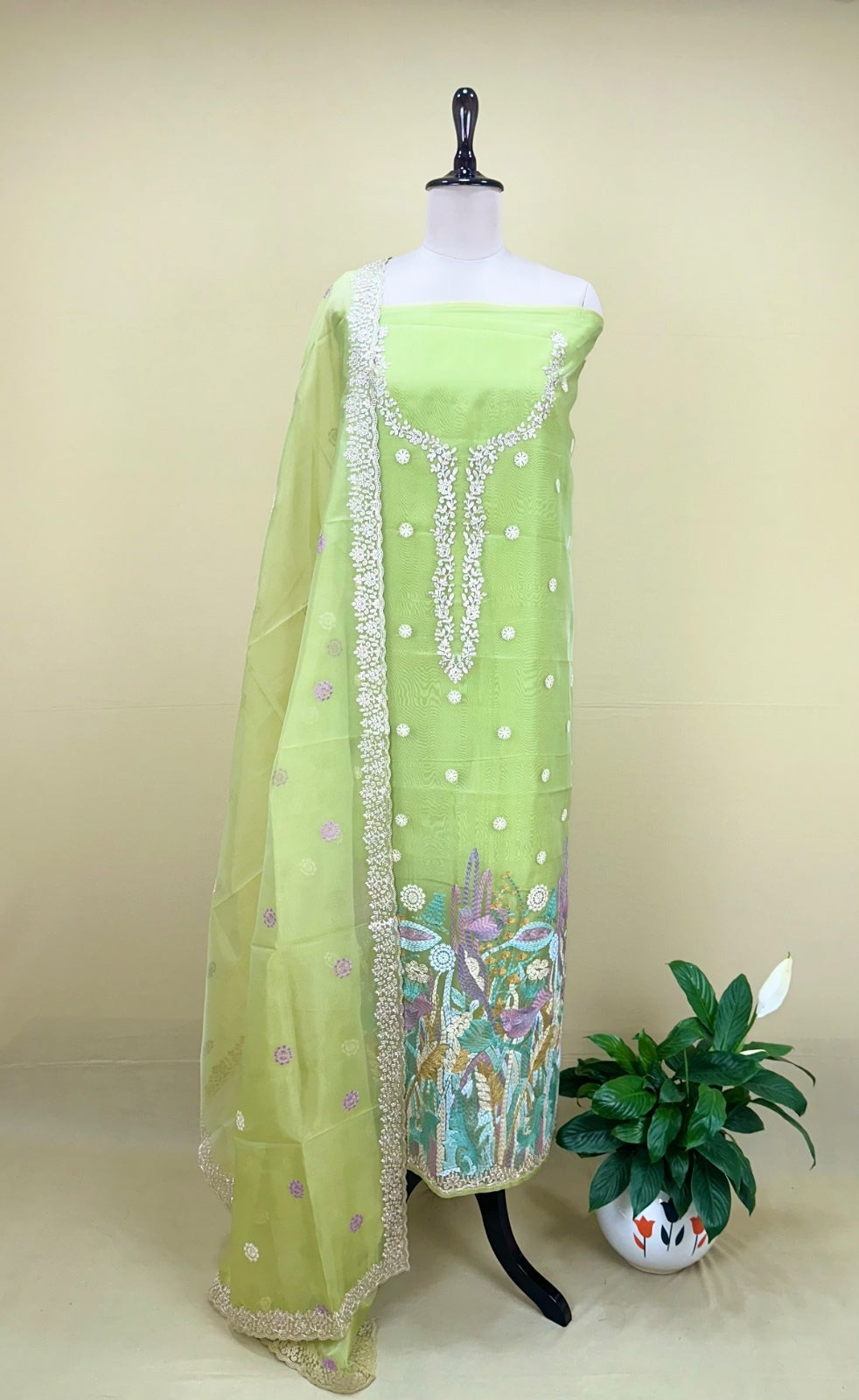 Green Organza Multi Colour Thread Embroidery and Heavy Silver Zari Work Unstitched Suit. - Kalamusk