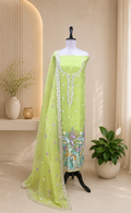 Green Organza Multi Colour Thread Embroidery and Heavy Silver Zari Work Unstitched Suit.
