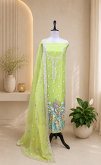 Green Organza Multi Colour Thread Embroidery and Heavy Silver Zari Work Unstitched Suit.