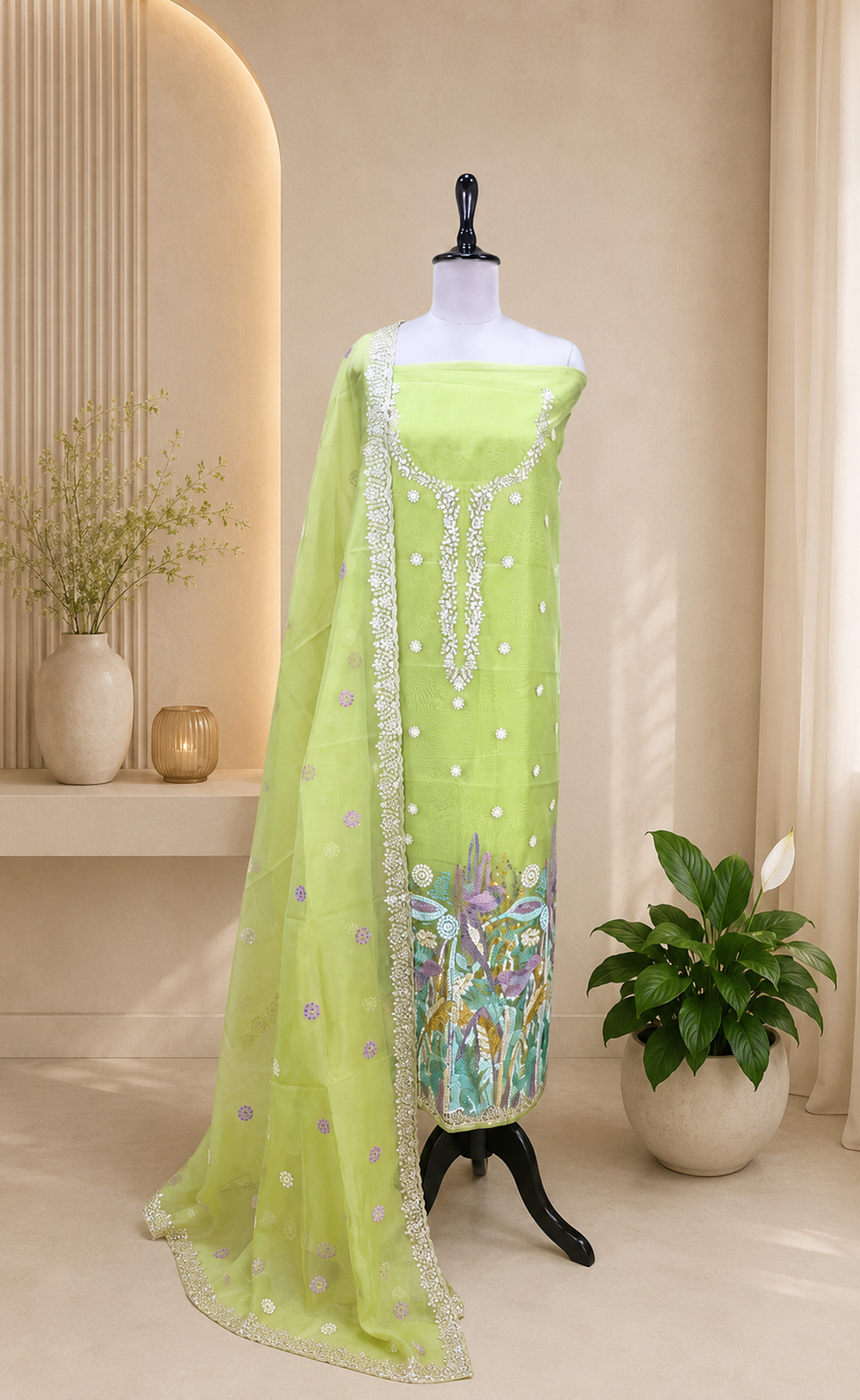 Green Organza Multi Colour Thread Embroidery and Heavy Silver Zari Work Unstitched Suit.