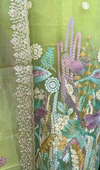 Green Organza Multi Colour Thread Embroidery and Heavy Silver Zari Work Unstitched Suit. - Kalamusk