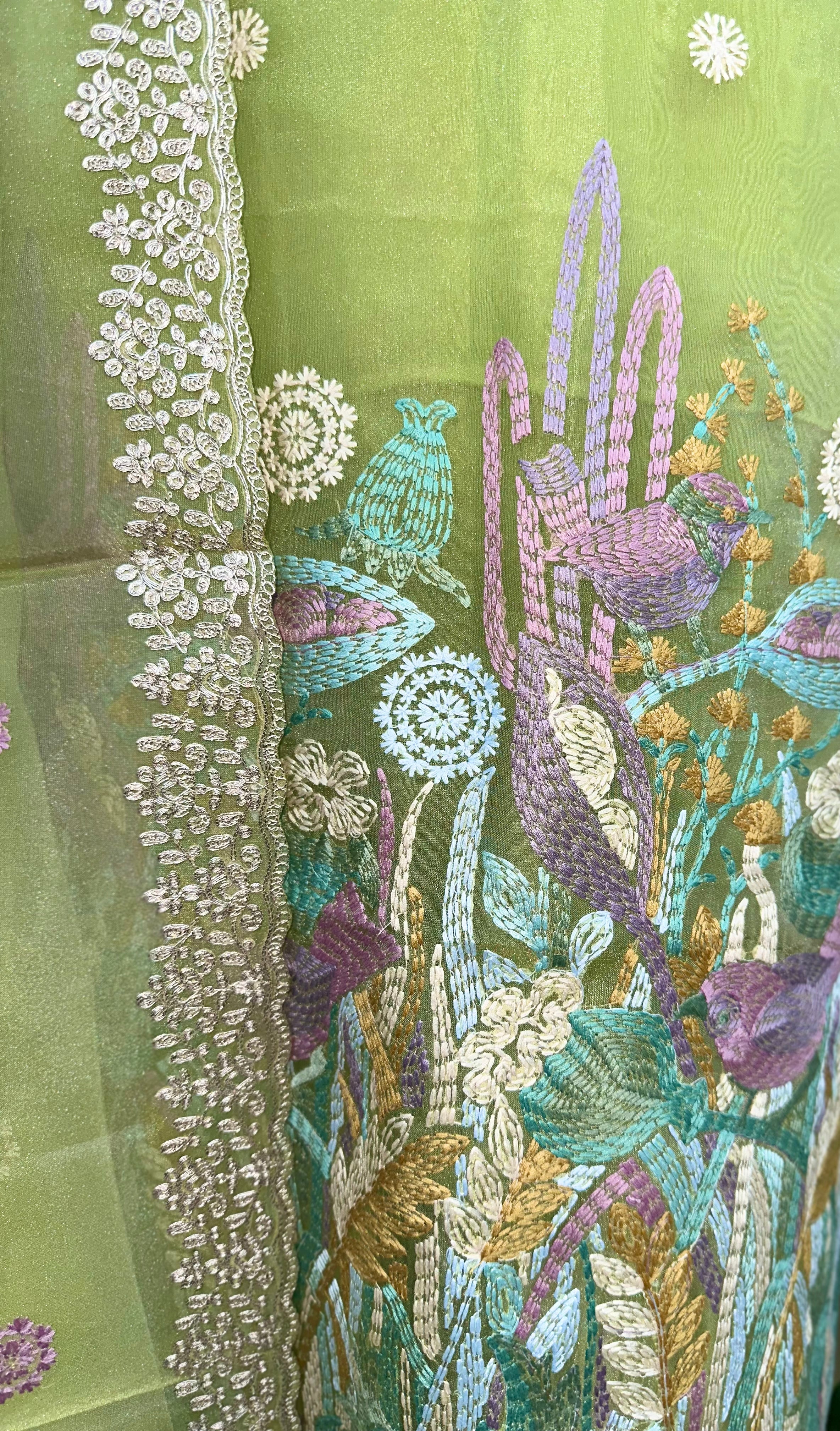 Green Organza Multi Colour Thread Embroidery and Heavy Silver Zari Work Unstitched Suit. - Kalamusk