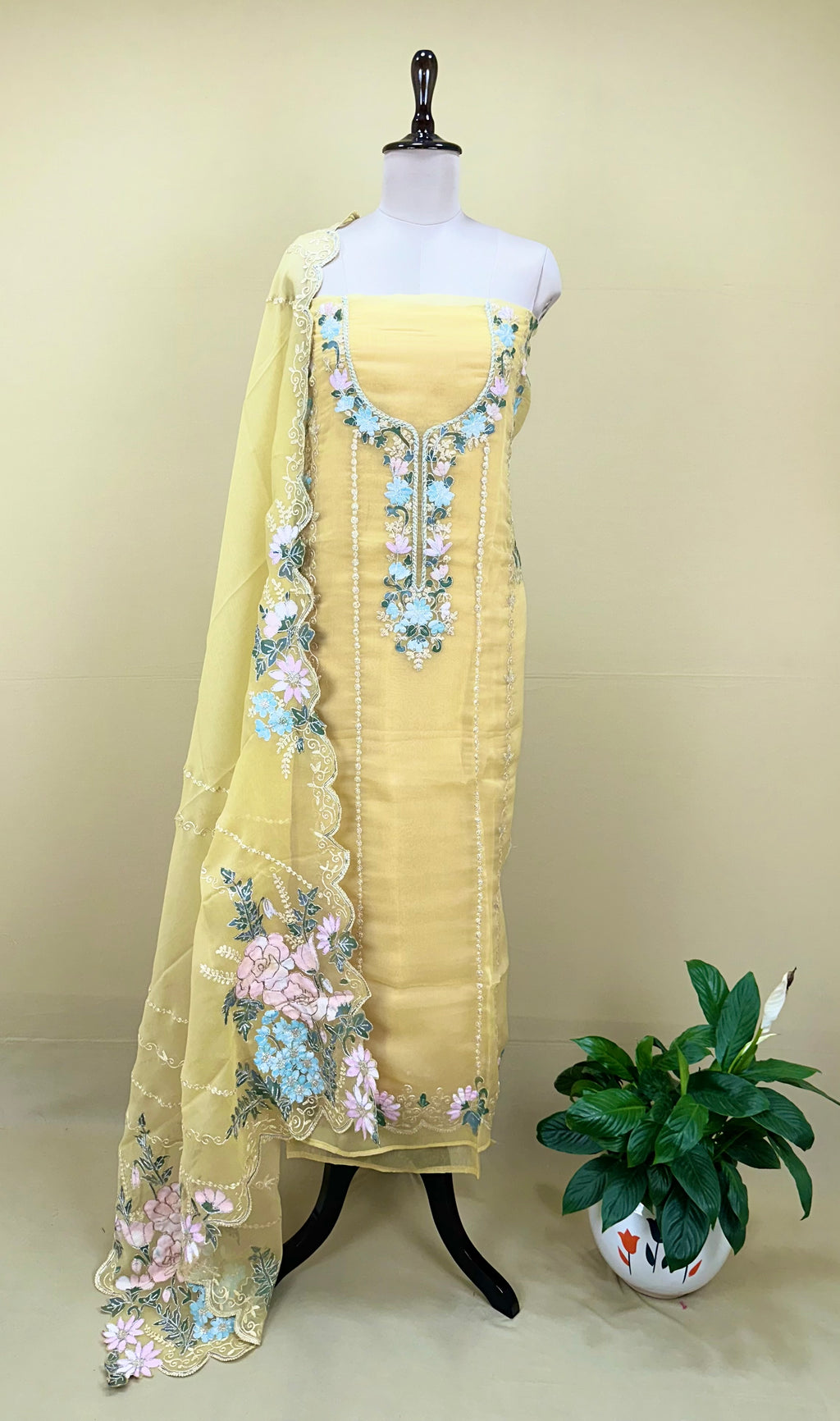 Yellow Pure Organza Featuring Floral Silver Embroidery with Applique Embroidery Unstitched Suit