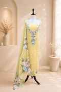 Yellow Pure Organza Featuring Floral Silver Embroidery with Applique Embroidery Unstitched Suit