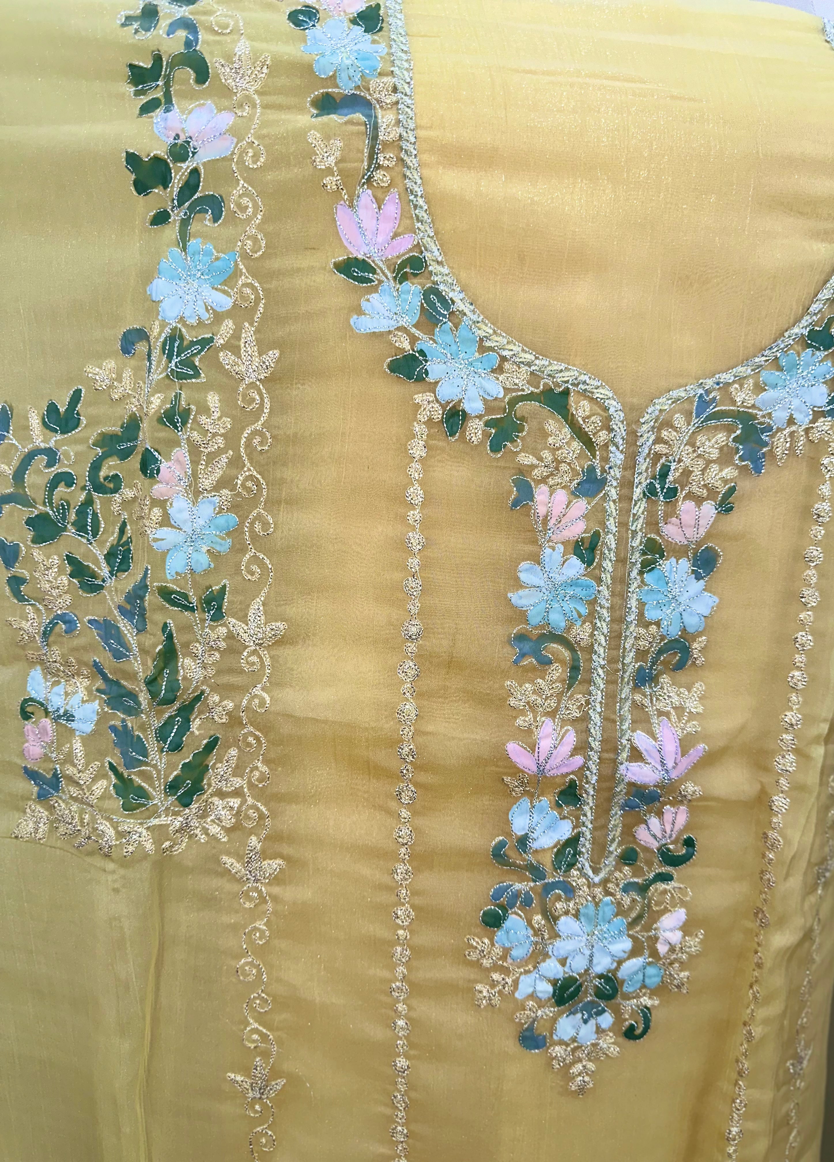 Yellow Pure Organza Featuring Floral Silver Embroidery with Applique Embroidery Unstitched Suit