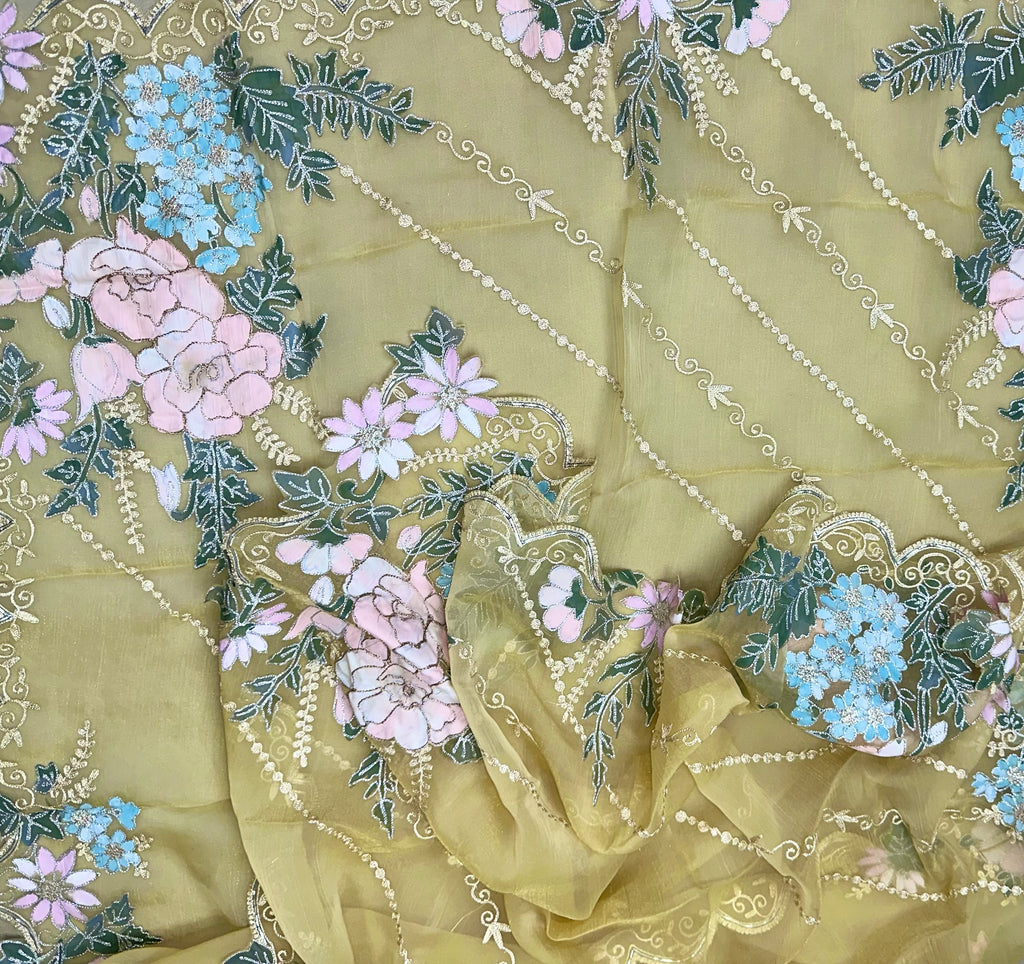 Yellow Pure Organza Featuring Floral Silver Embroidery with Applique Embroidery Unstitched Suit
