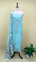 Mint Green Pure Organza Featuring Floral Silver Embroidery with Applique Embroidery Unstitched Suit