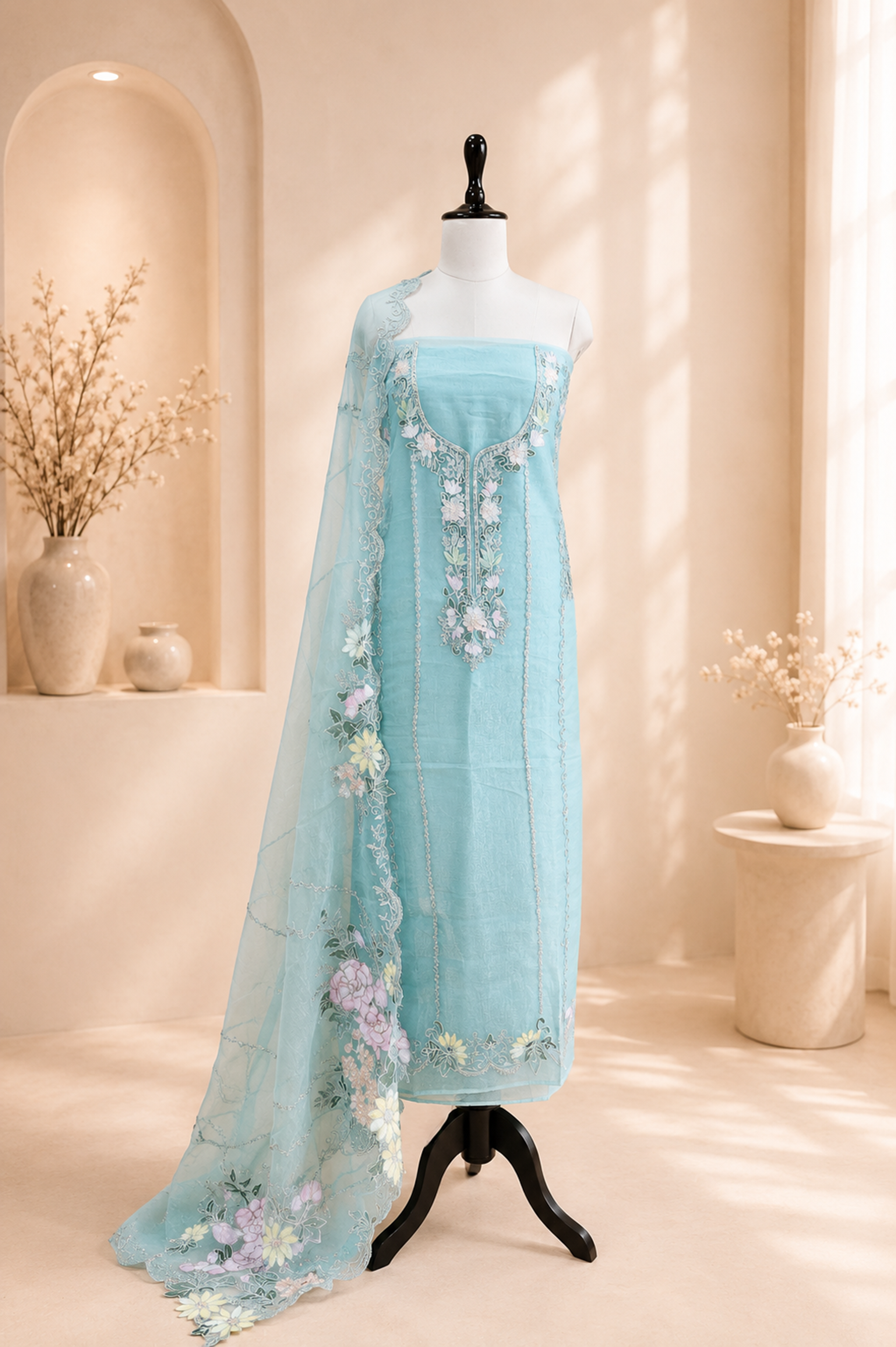 Mint Green Pure Organza Featuring Floral Silver Embroidery with Applique Embroidery Unstitched Suit