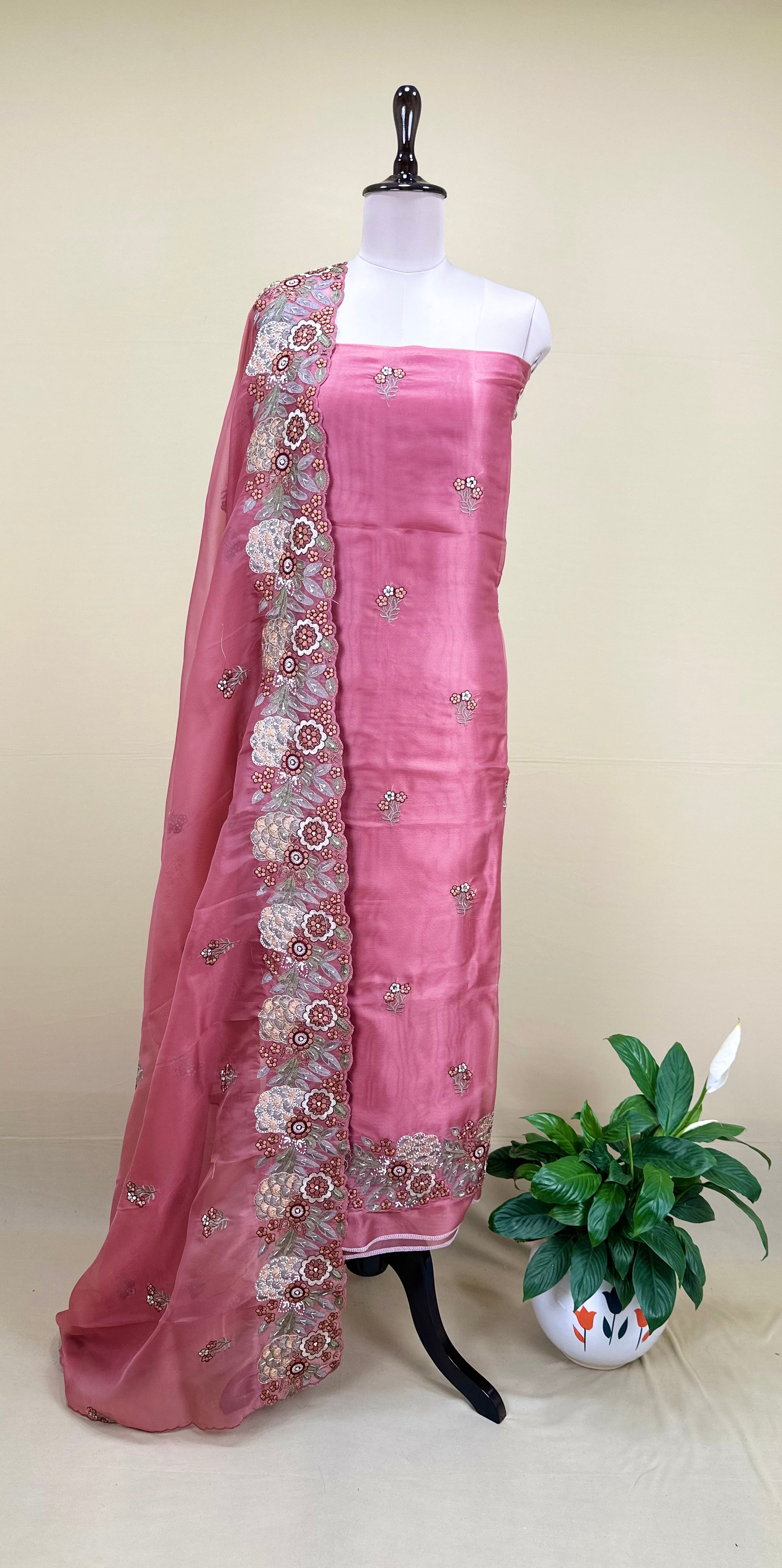 Pink Pure Organza Floral Features Intricate Thread Embroidery, Sequins, and Pearl Handwork,