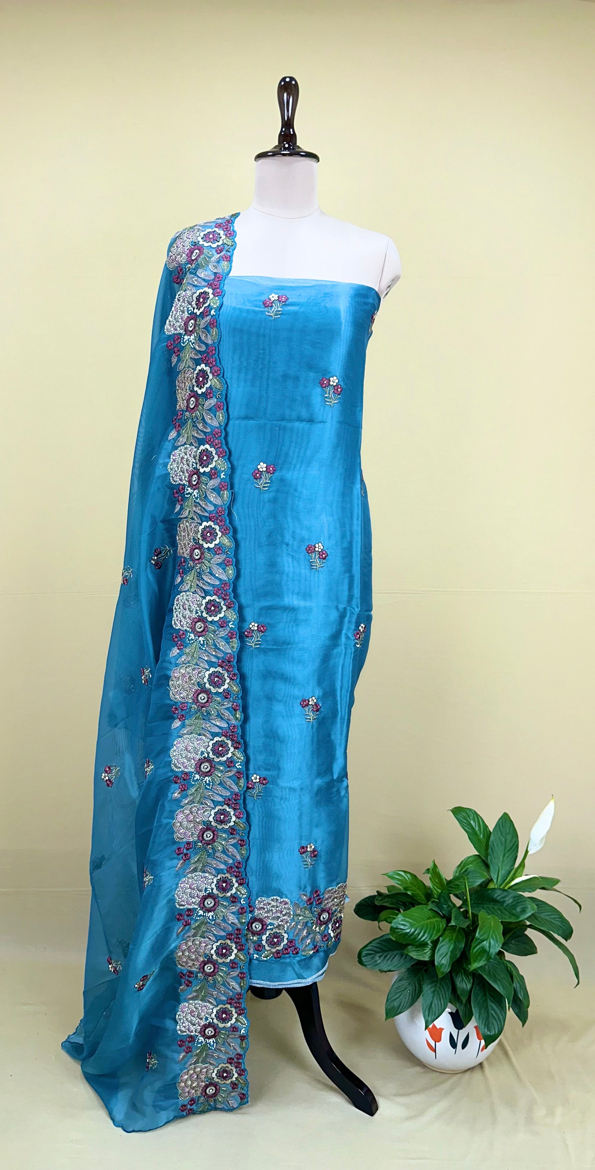 Blue Pure Organza Floral Features Intricate Thread Embroidery, Sequins, and Pearl Handwork,