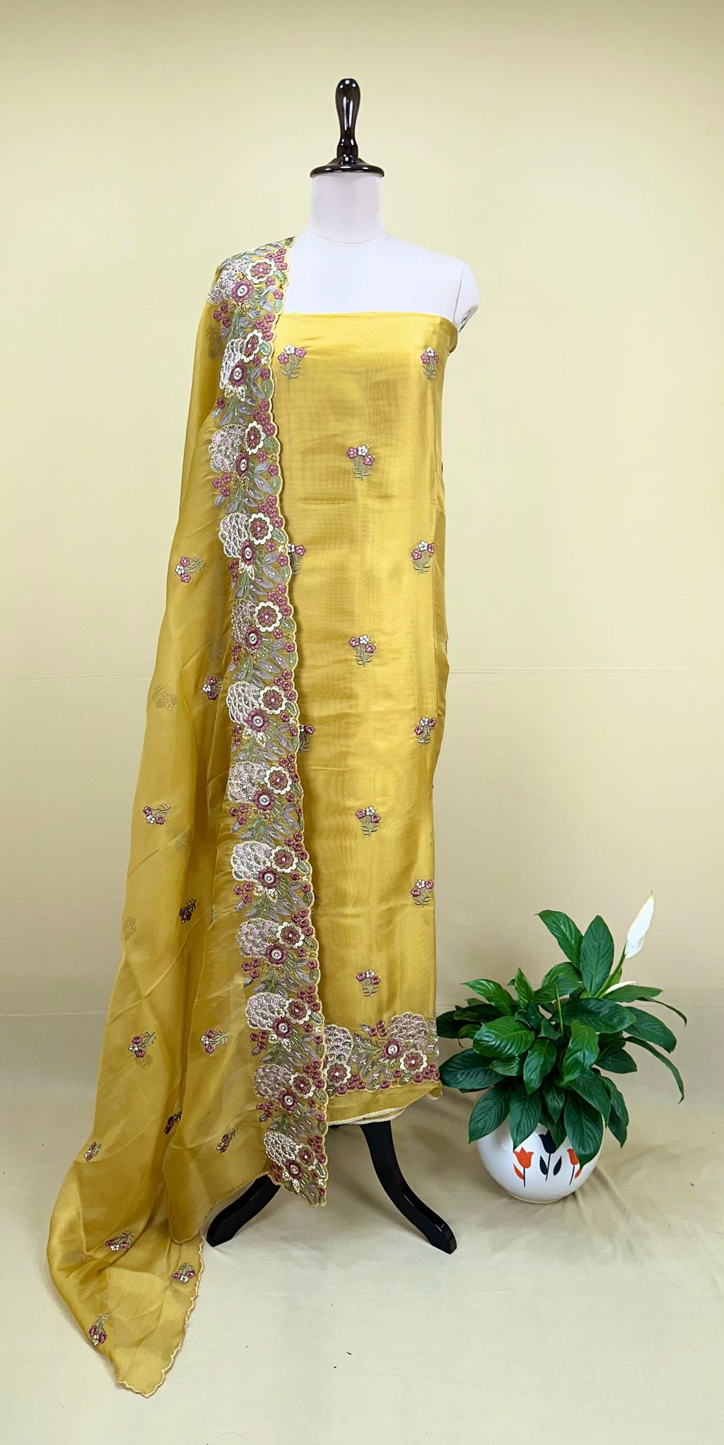 Mustard Pure Organza Floral Features Intricate Thread Embroidery, Sequins, and Pearl Handwork,
