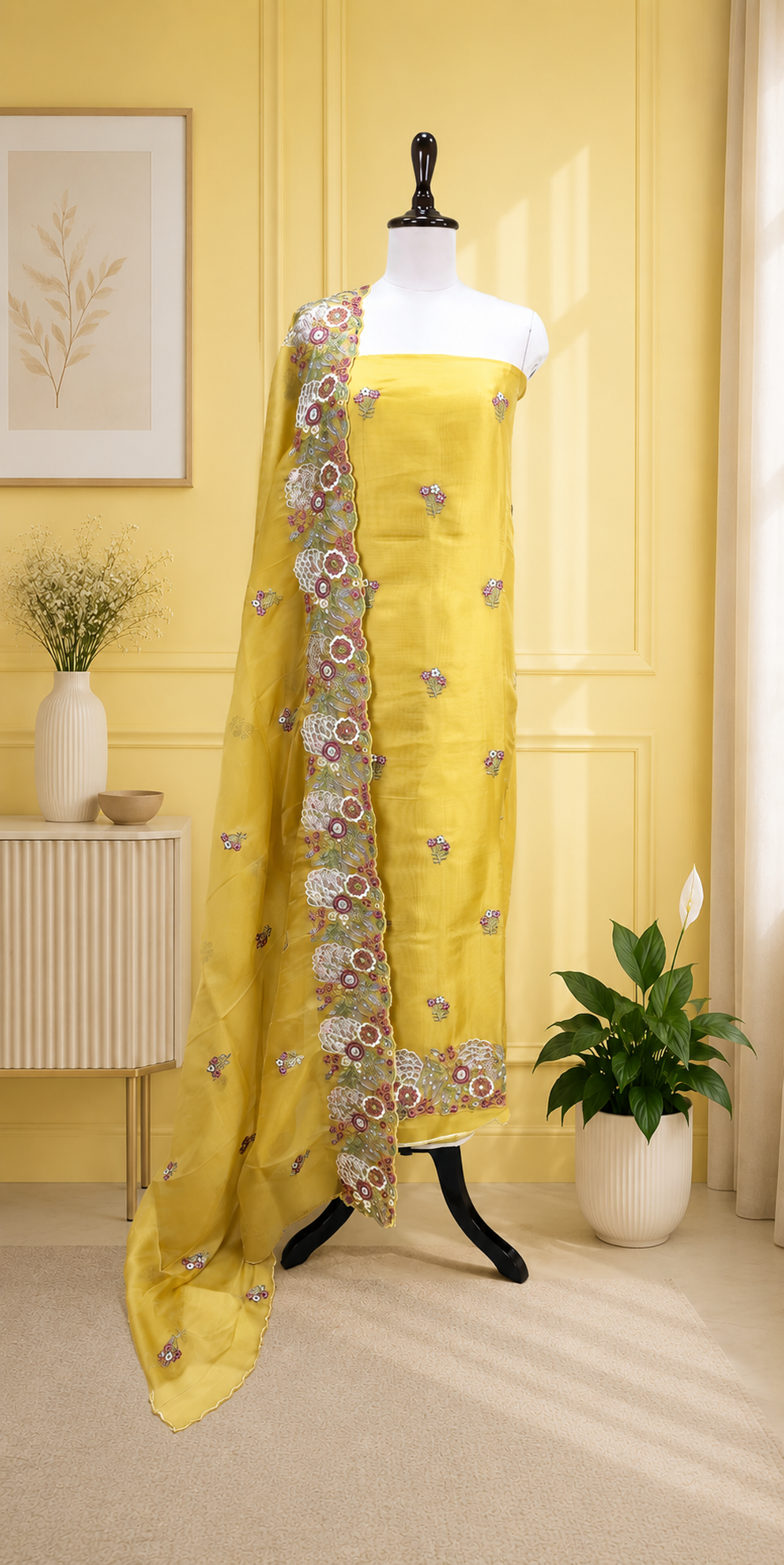 Mustard Pure Organza Floral Features Intricate Thread Embroidery, Sequins, and Pearl Handwork,