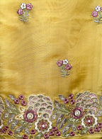 Mustard Pure Organza Floral Features Intricate Thread Embroidery, Sequins, and Pearl Handwork,