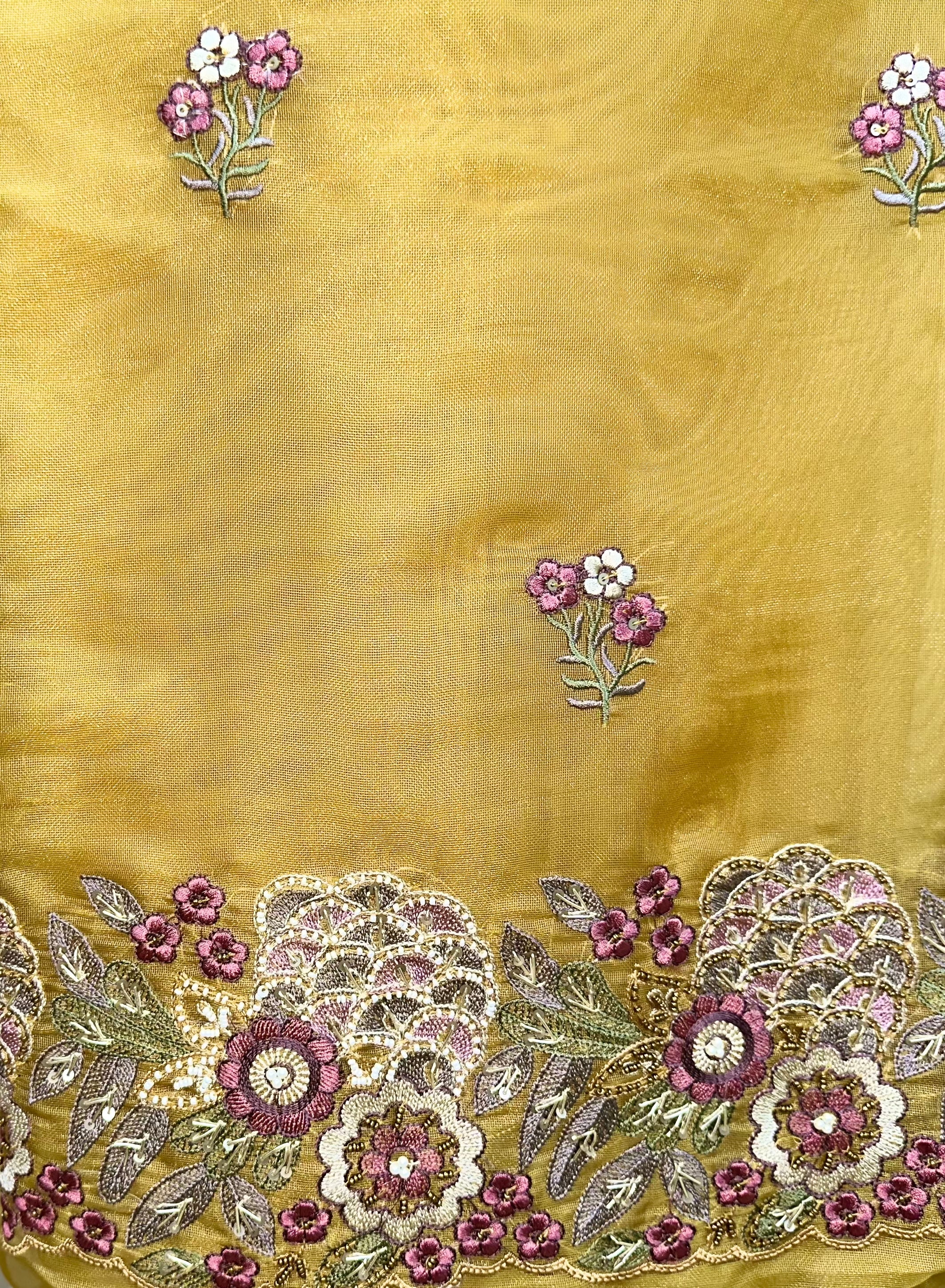 Mustard Pure Organza Floral Features Intricate Thread Embroidery, Sequins, and Pearl Handwork,