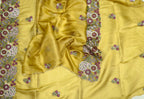 Mustard Pure Organza Floral Features Intricate Thread Embroidery, Sequins, and Pearl Handwork,