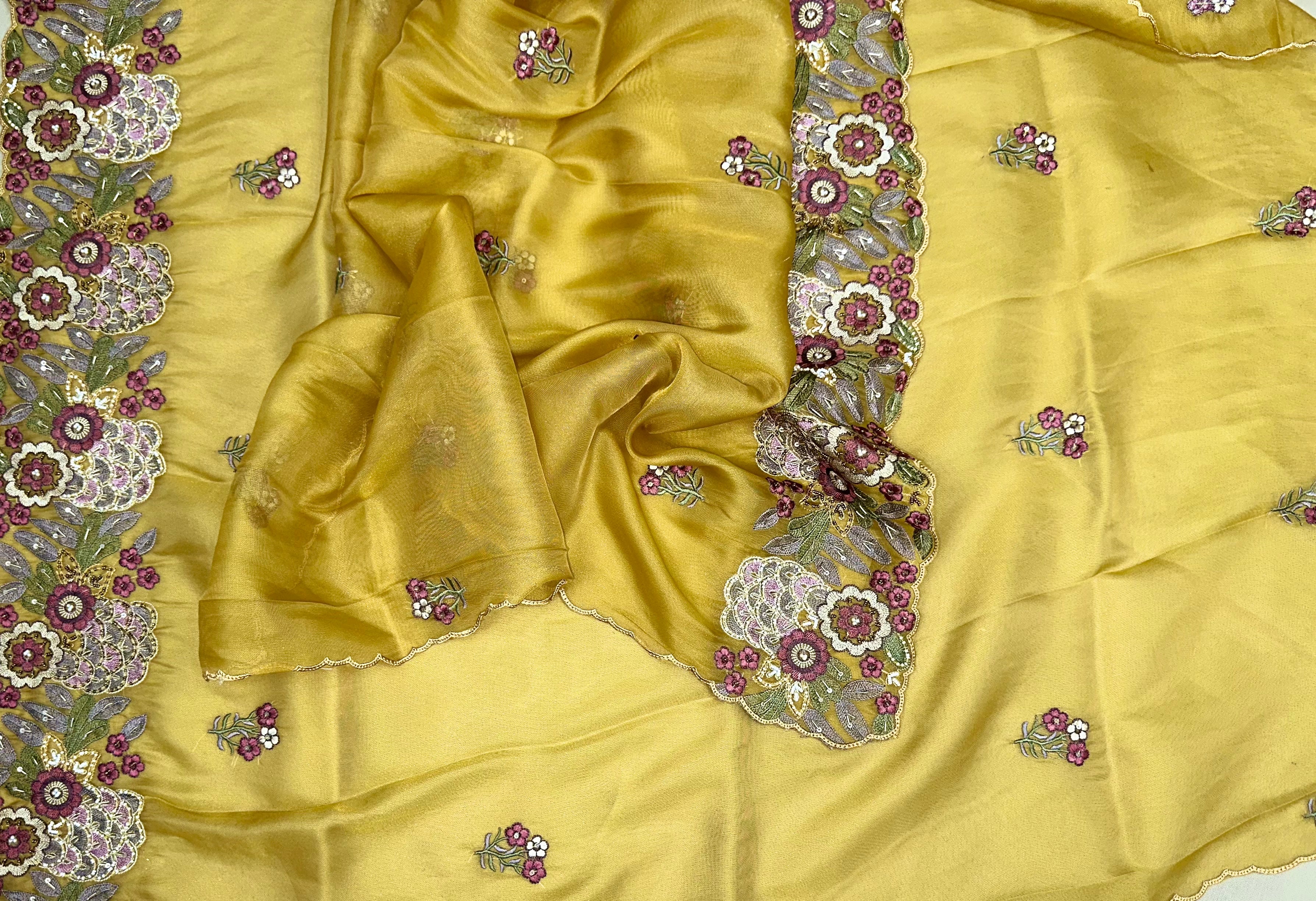 Mustard Pure Organza Floral Features Intricate Thread Embroidery, Sequins, and Pearl Handwork,