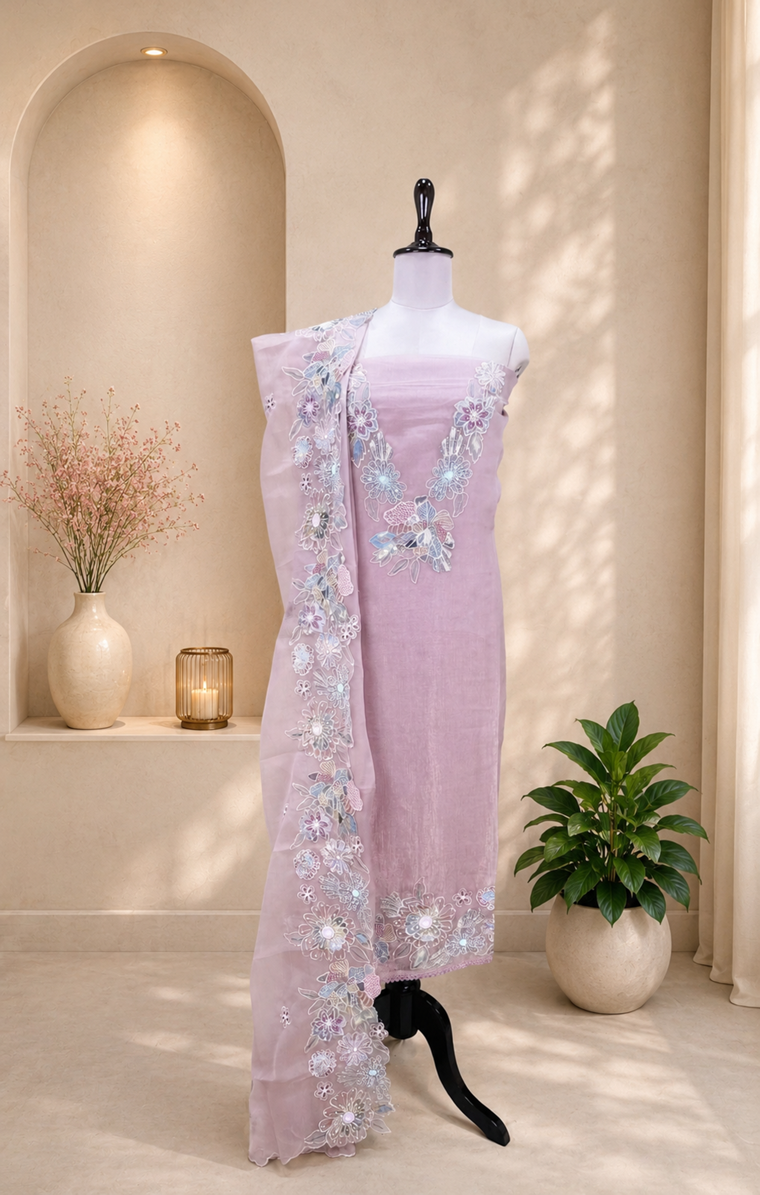 Pink Pearl Flower Applaque, A Highly Decorative Fabric Work Unstitched Suit