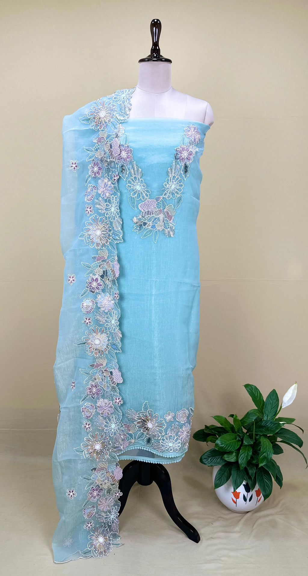 Sage Green Pearl Flower Applaque, A Highly Decorative Fabric Work Unstitched Suit