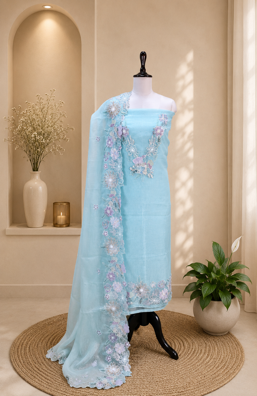 Sage Green Pearl Flower Applaque, A Highly Decorative Fabric Work Unstitched Suit