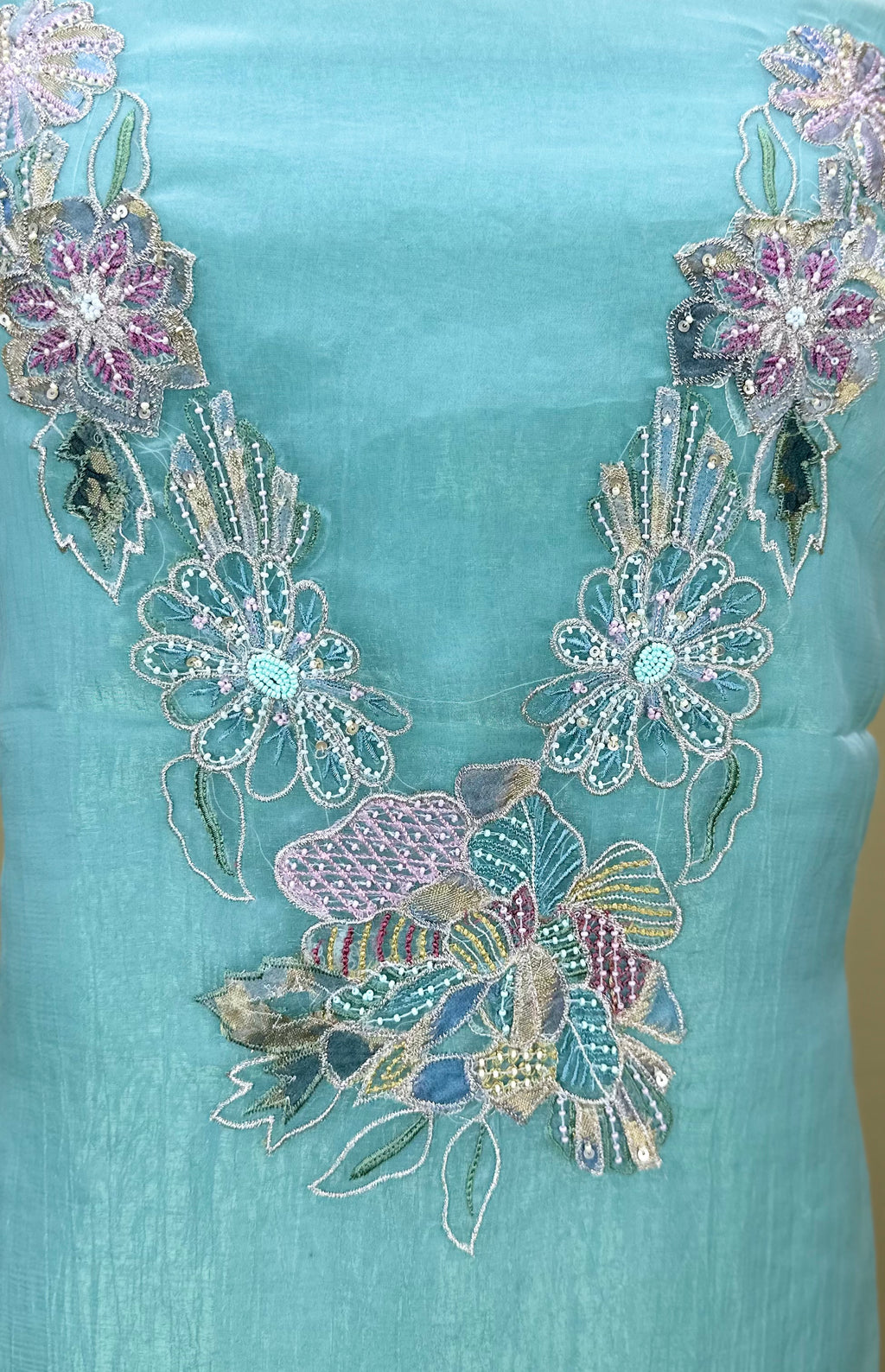 Sage Green Pearl Flower Applaque, A Highly Decorative Fabric Work Unstitched Suit