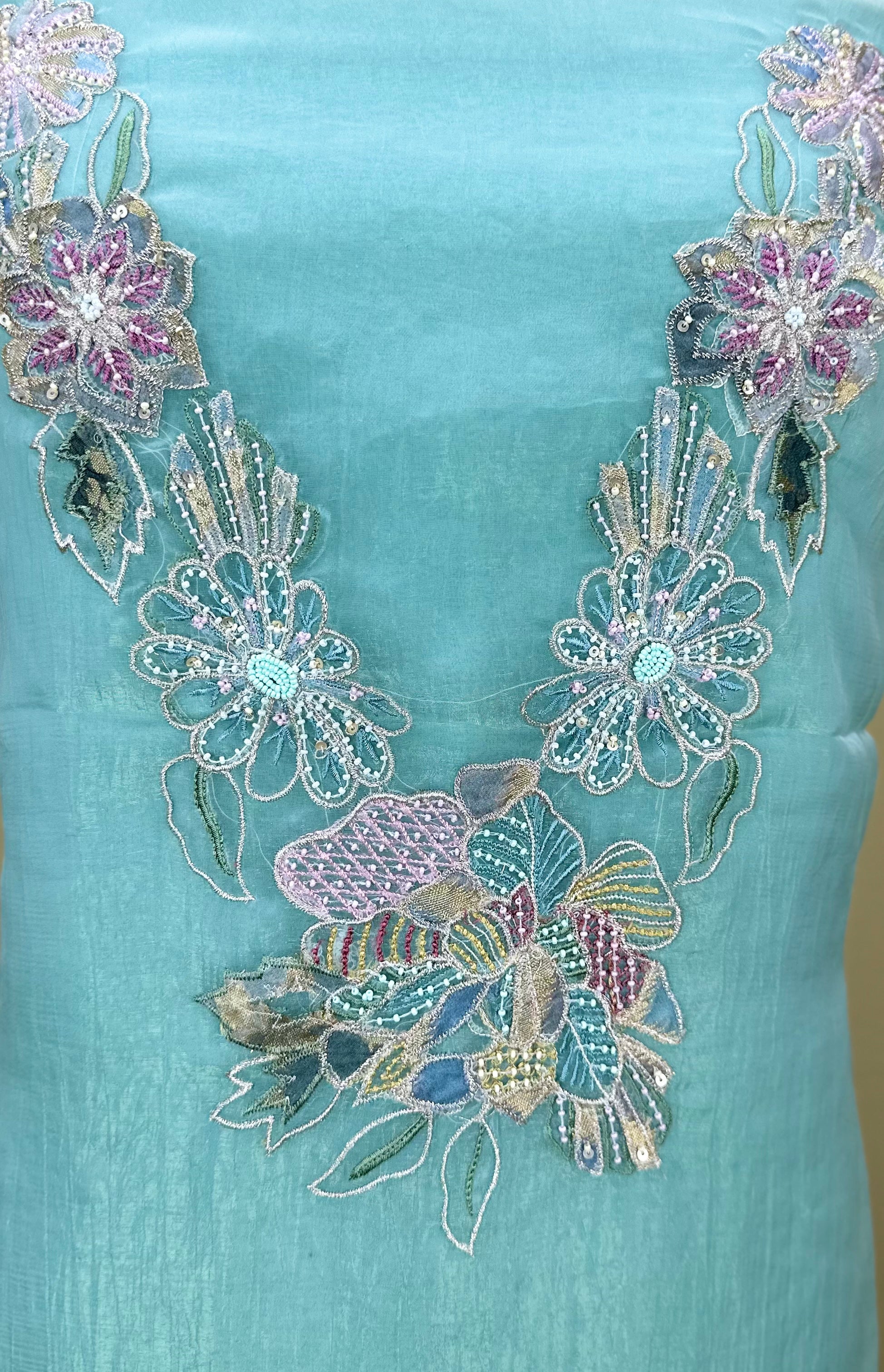 Sage Green Pearl Flower Applaque, A Highly Decorative Fabric Work Unstitched Suit