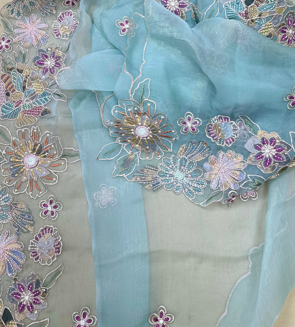 Sage Green Pearl Flower Applaque, A Highly Decorative Fabric Work Unstitched Suit