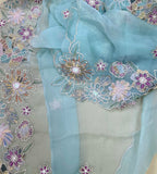Sage Green Pearl Flower Applaque, A Highly Decorative Fabric Work Unstitched Suit