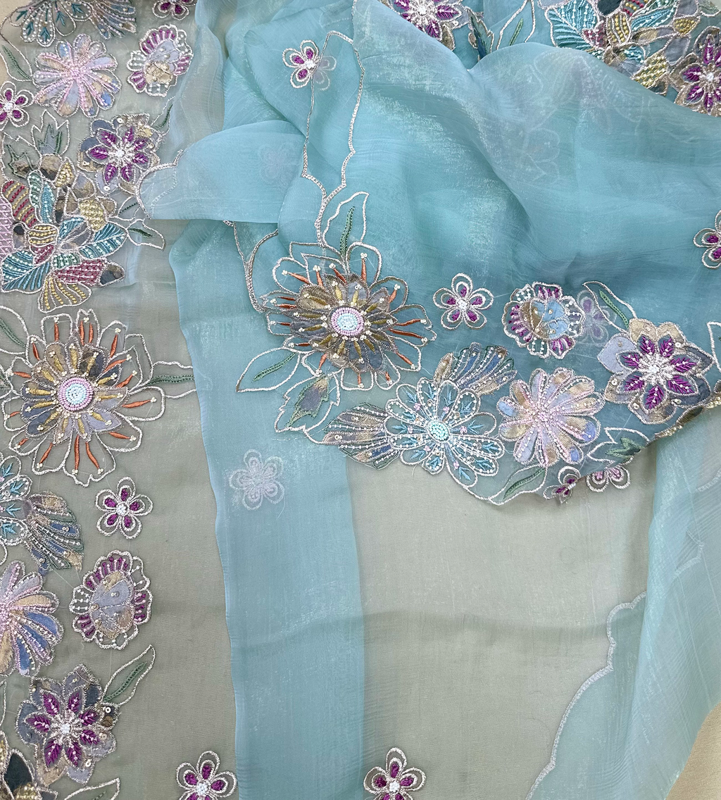 Sage Green Pearl Flower Applaque, A Highly Decorative Fabric Work Unstitched Suit