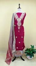 Deep pink Pure Organza Featuring Heavy Front and Back Gold Zari Embroidery Unstitched Suit