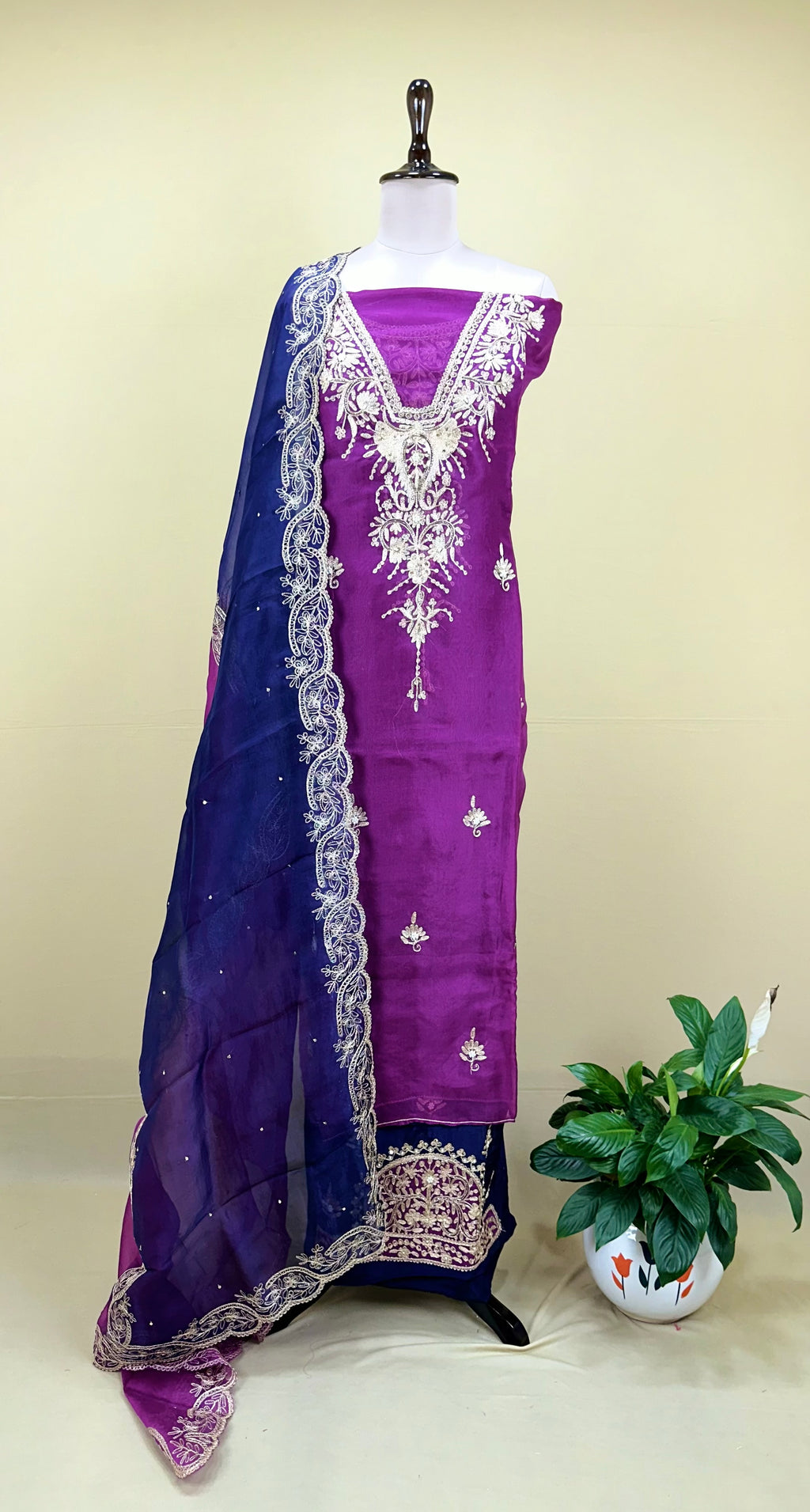 Purple Pure Organza Featuring Heavy Front And Back Gold Zari Embroidery Unstitched Suit
