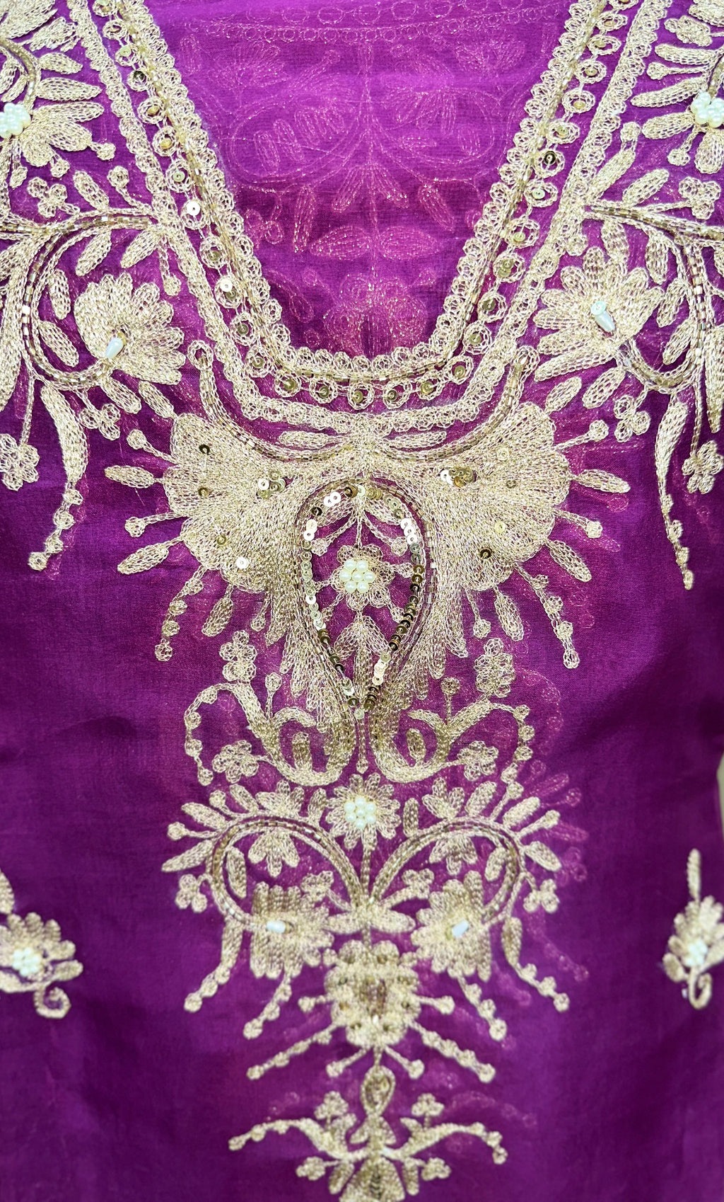 Purple Pure Organza Featuring Heavy Front And Back Gold Zari Embroidery Unstitched Suit