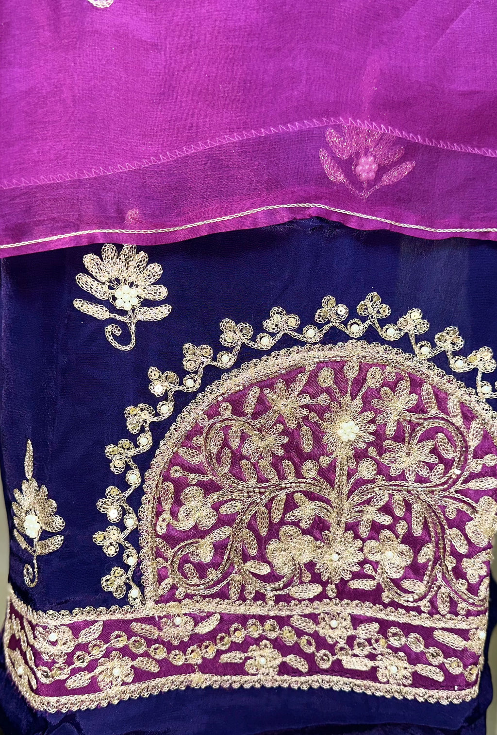 Purple Pure Organza Featuring Heavy Front And Back Gold Zari Embroidery Unstitched Suit