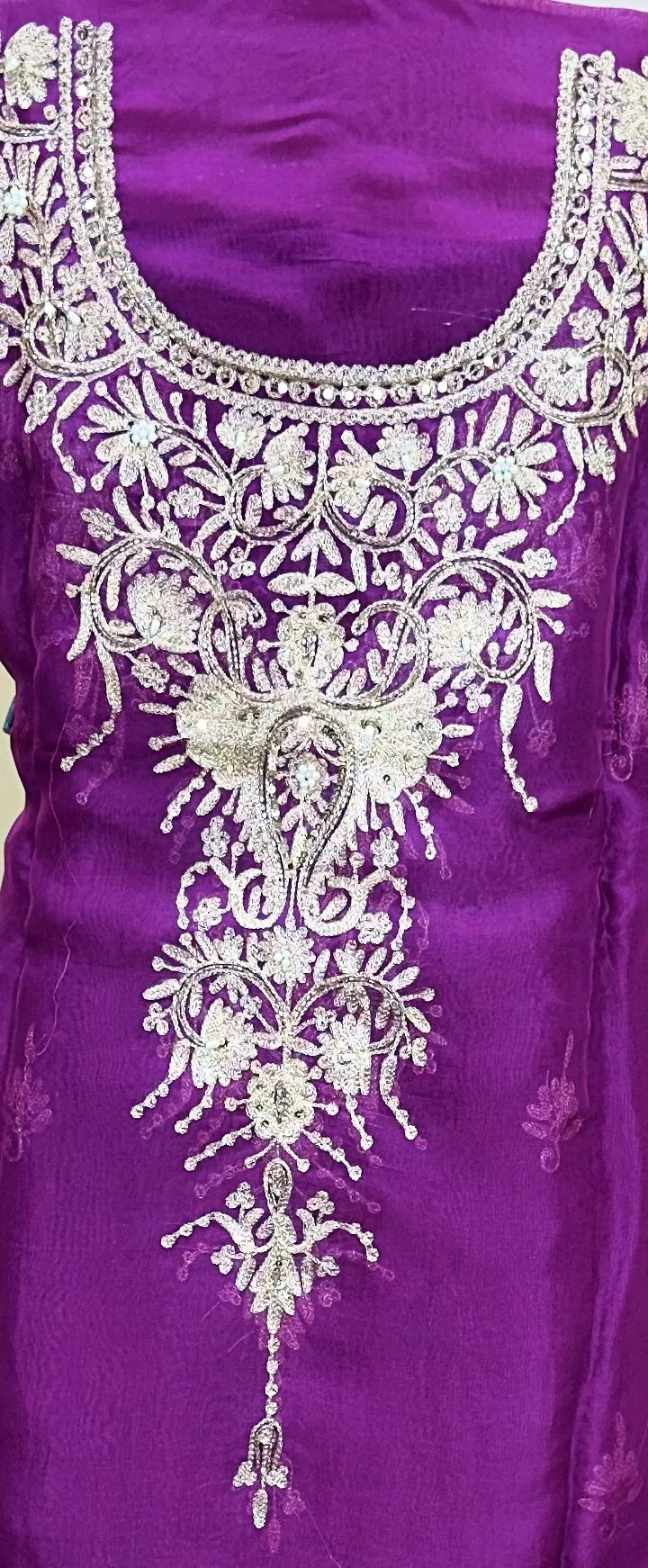 Purple Pure Organza Featuring Heavy Front And Back Gold Zari Embroidery Unstitched Suit