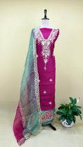 Magenta Pure Organza Featuring Heavy Front And Back Gold Zari Embroidery Unstitched Suit
