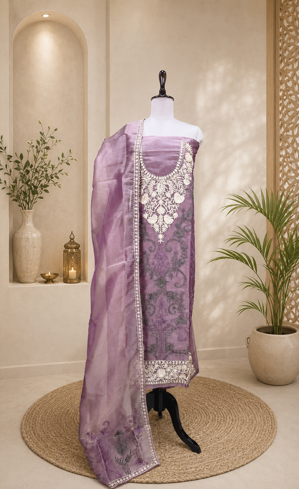 Purple Intricate Gold Embroidery and Additional Floral Patterns Unstitched Suit