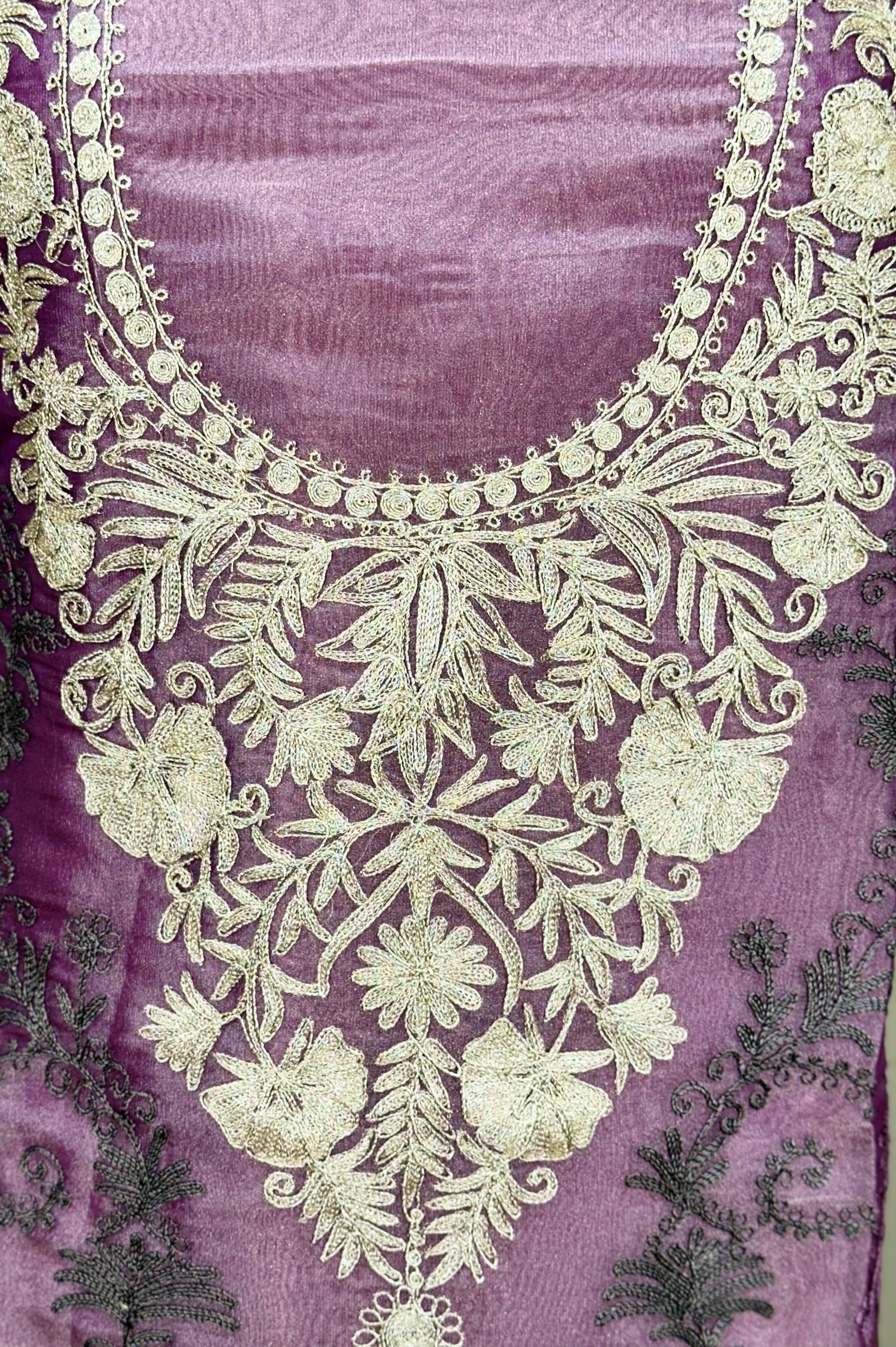 Purple Intricate Gold Embroidery and Additional Floral Patterns Unstitched Suit