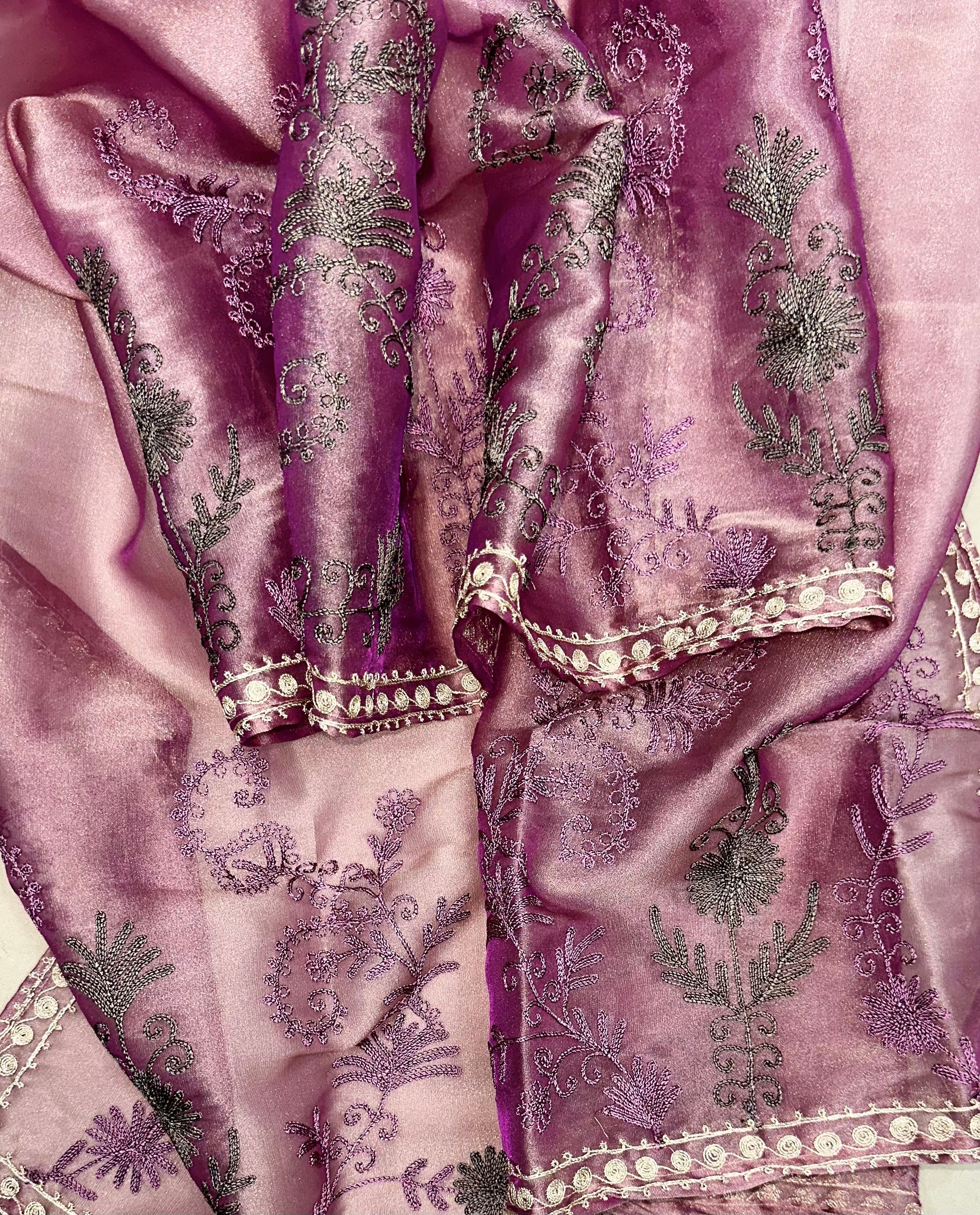 Purple Intricate Gold Embroidery and Additional Floral Patterns Unstitched Suit