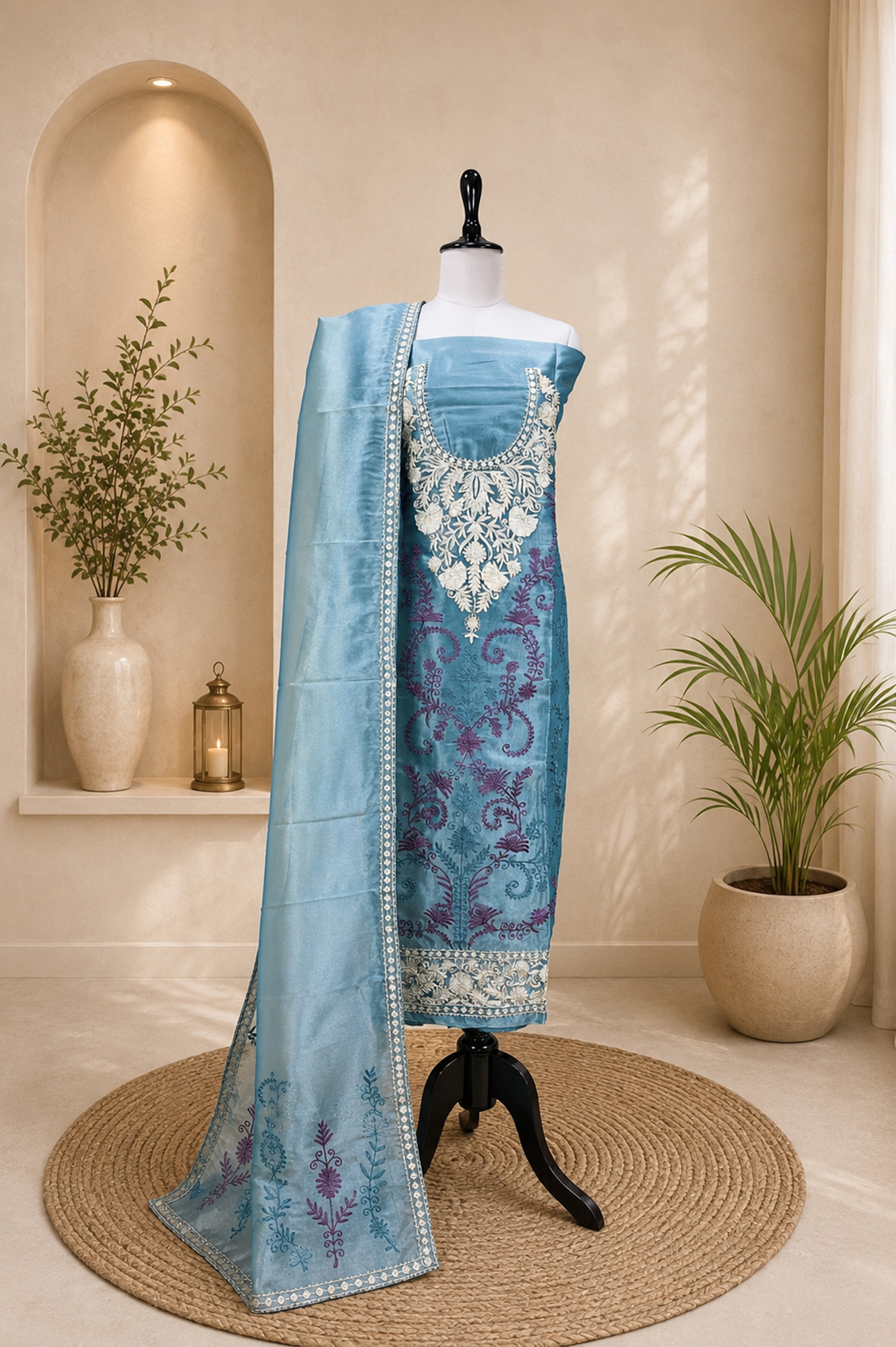 Turquoise Green Intricate Gold Embroidery and Additional Floral Patterns Unstitched Suit
