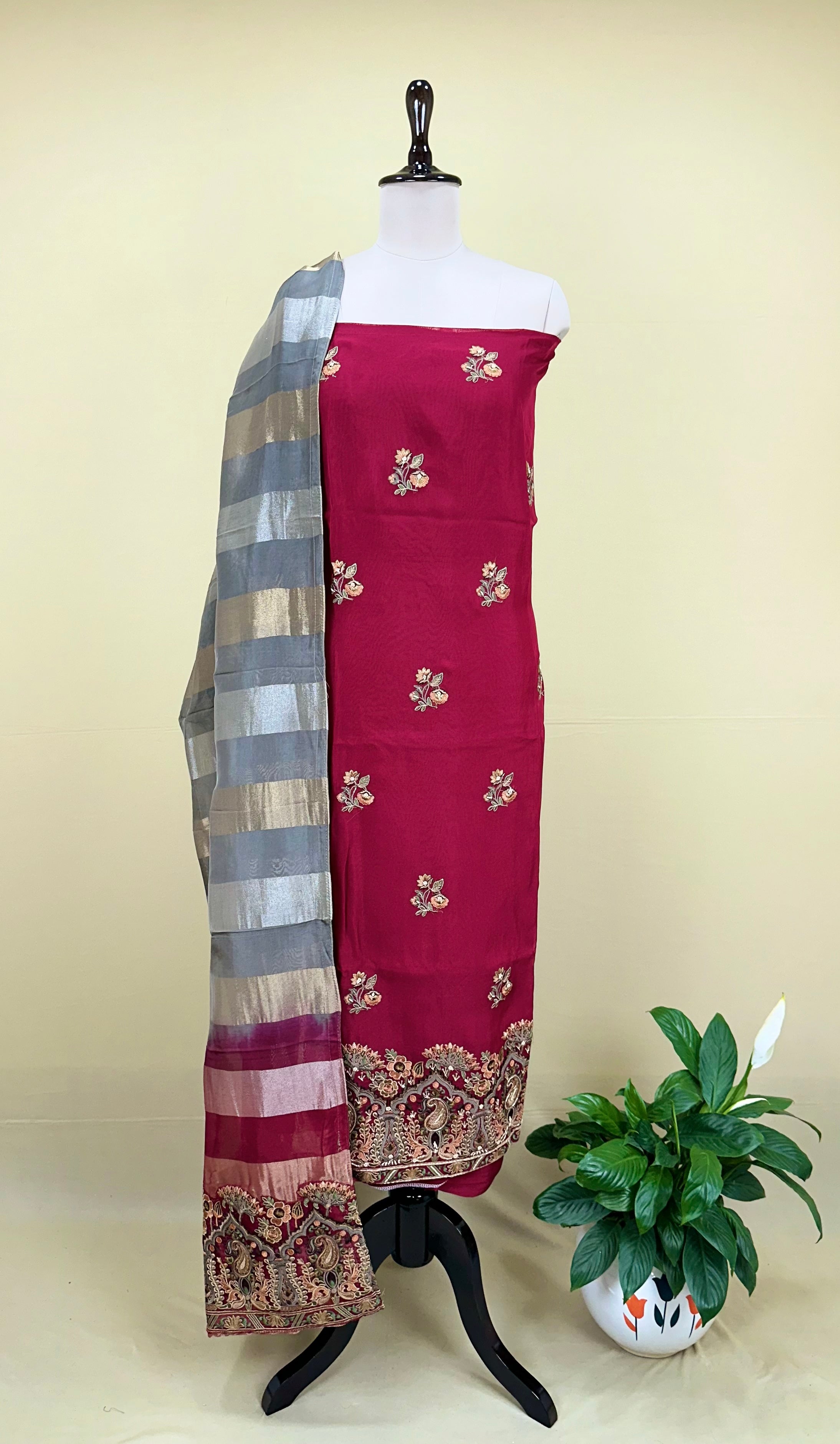 Maroon Pure Organza Intricate Paisley Motifs and Rich, Multi-Colored Hand Embroidery, Often Referred to as Sozni or Kalamkari with Light Hand Work Unstitched Suit