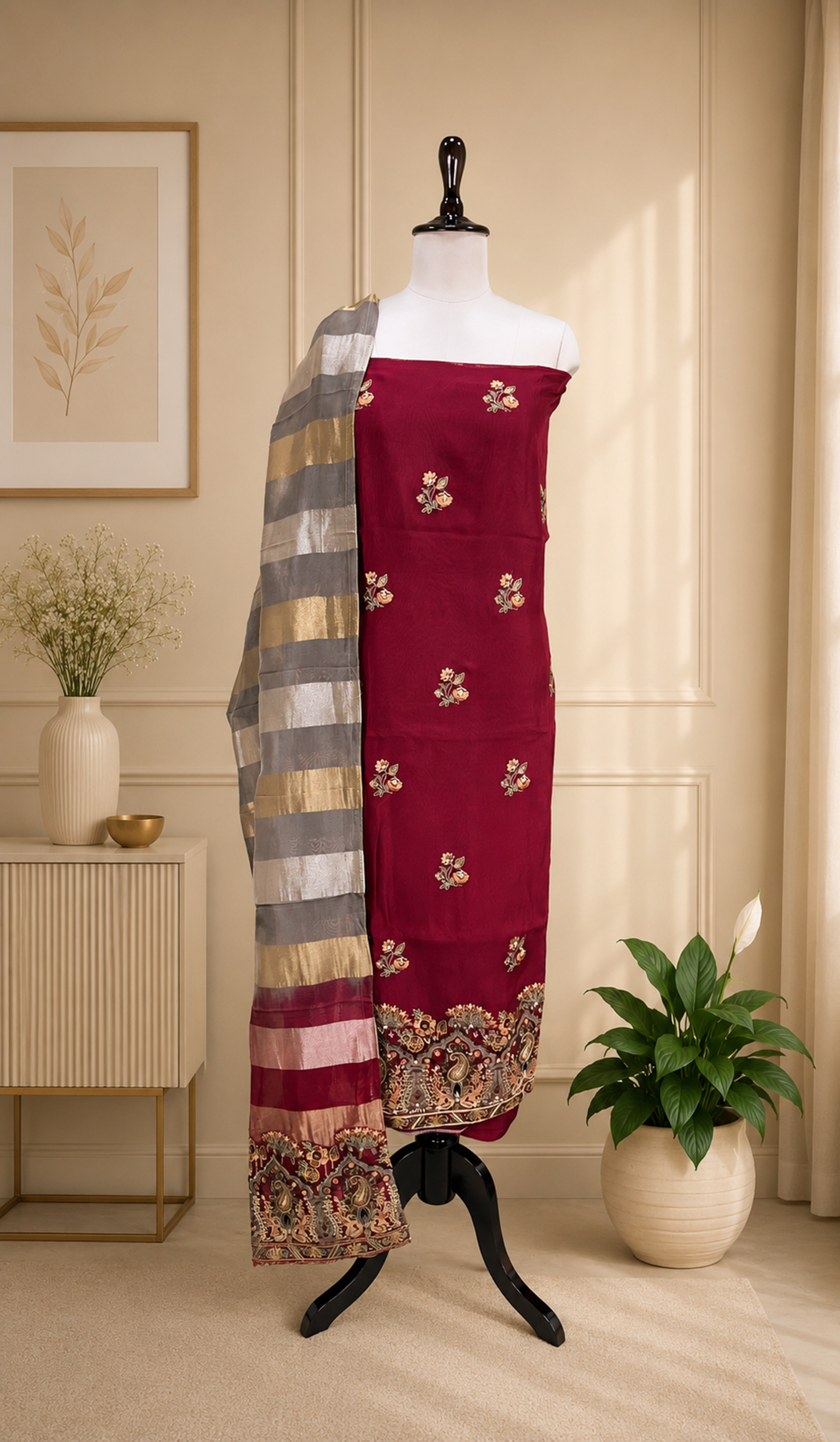 Maroon Pure Organza Intricate Paisley Motifs and Rich, Multi-Colored Hand Embroidery, Often Referred to as Sozni or Kalamkari with Light Hand Work Unstitched Suit