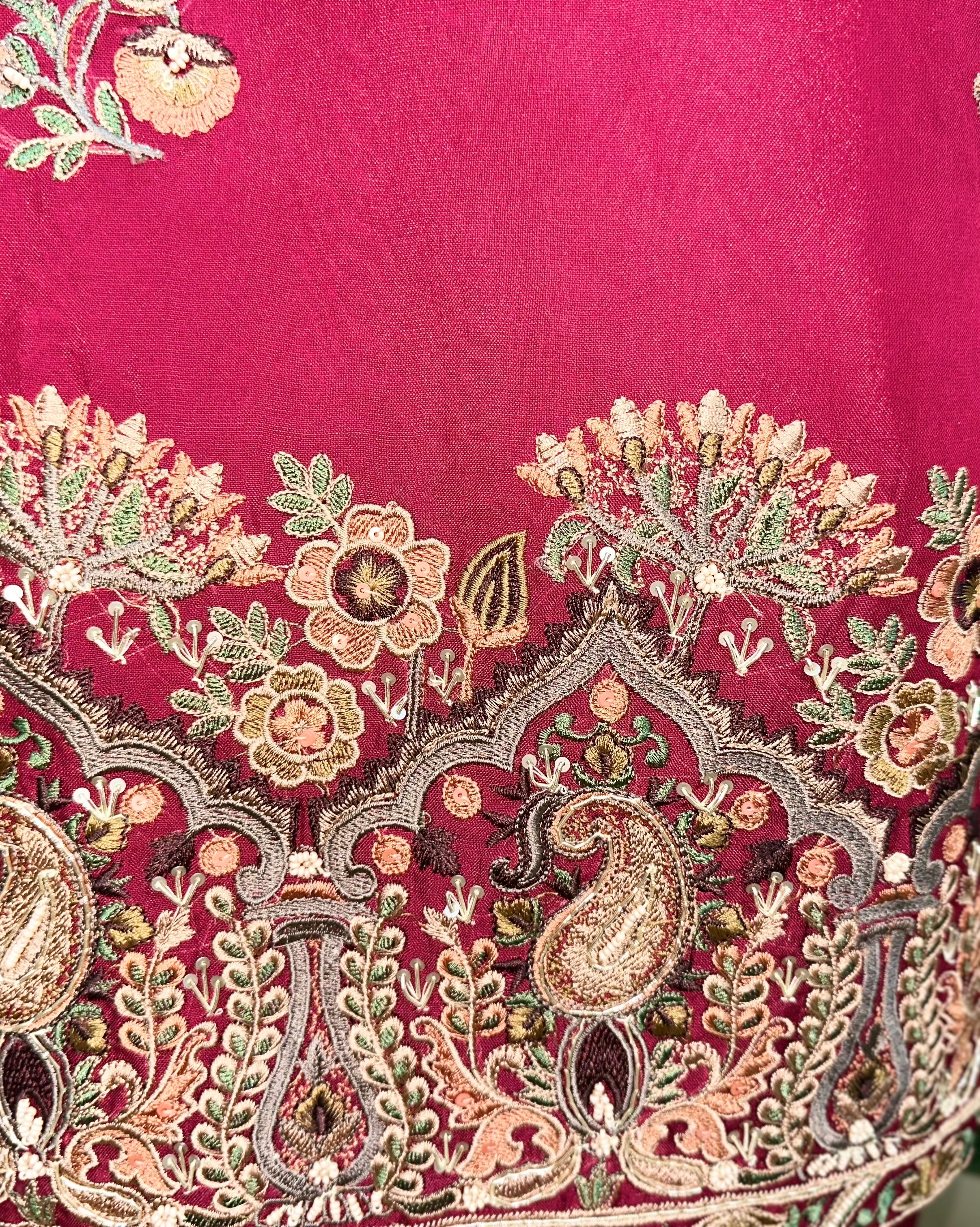 Maroon Pure Organza Intricate Paisley Motifs and Rich, Multi-Colored Hand Embroidery, Often Referred to as Sozni or Kalamkari with Light Hand Work Unstitched Suit