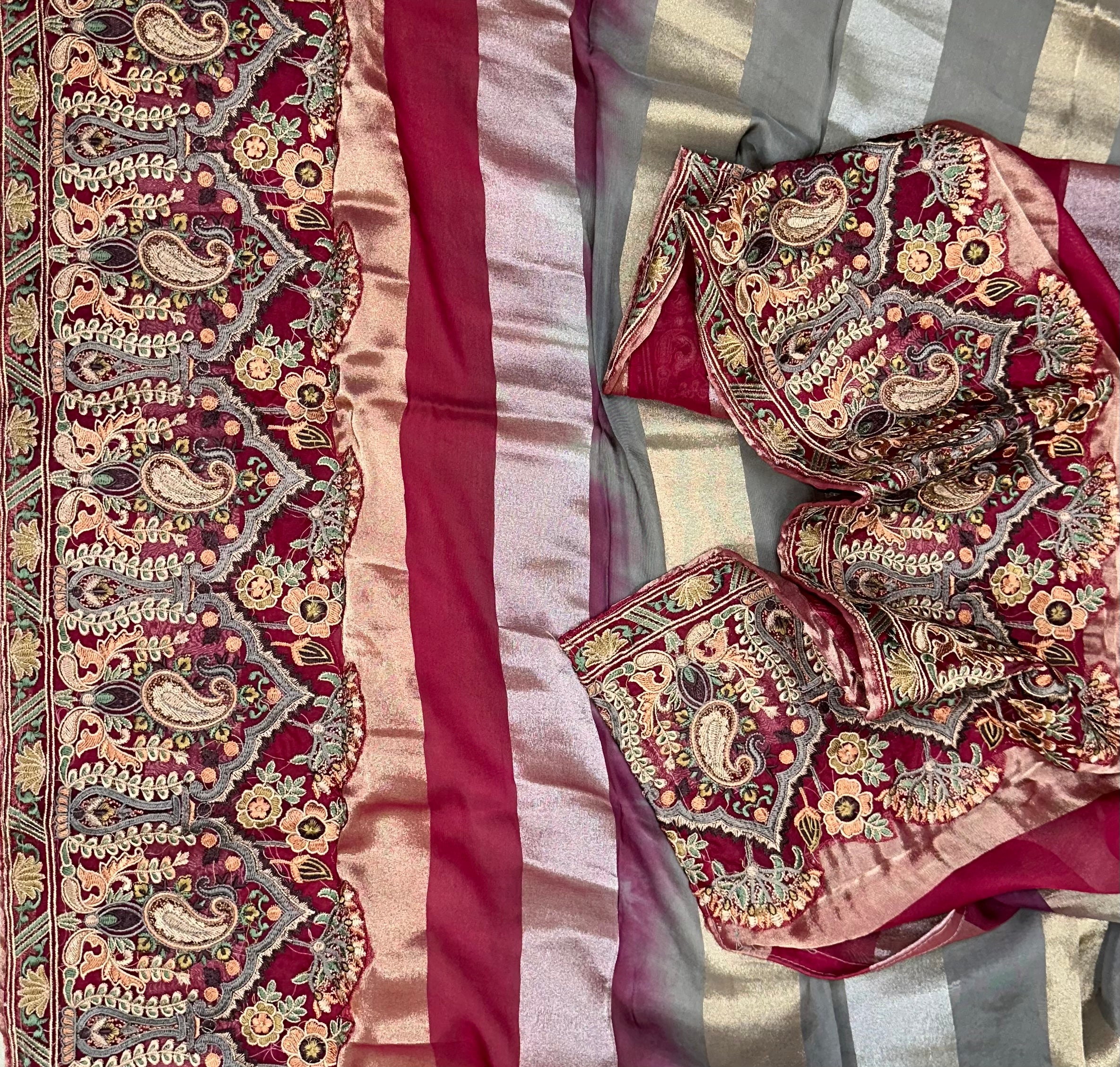 Maroon Pure Organza Intricate Paisley Motifs and Rich, Multi-Colored Hand Embroidery, Often Referred to as Sozni or Kalamkari with Light Hand Work Unstitched Suit