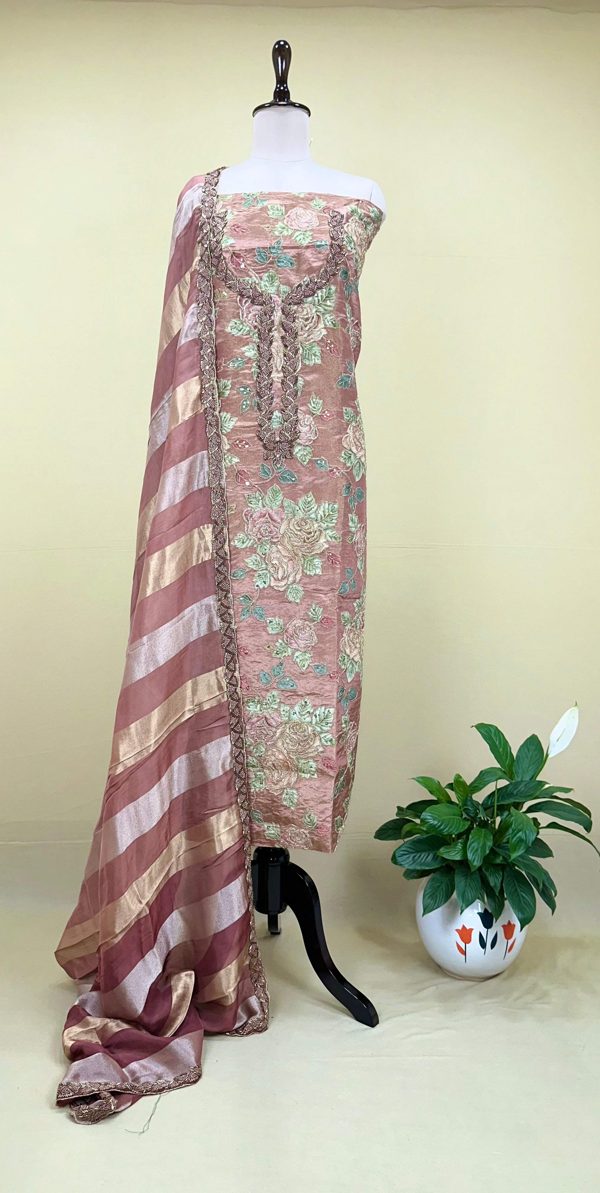 Wine Featuring Floral Embroidery and Decorative Beadwork Sequined Applique Embroidery Unstitched Suit