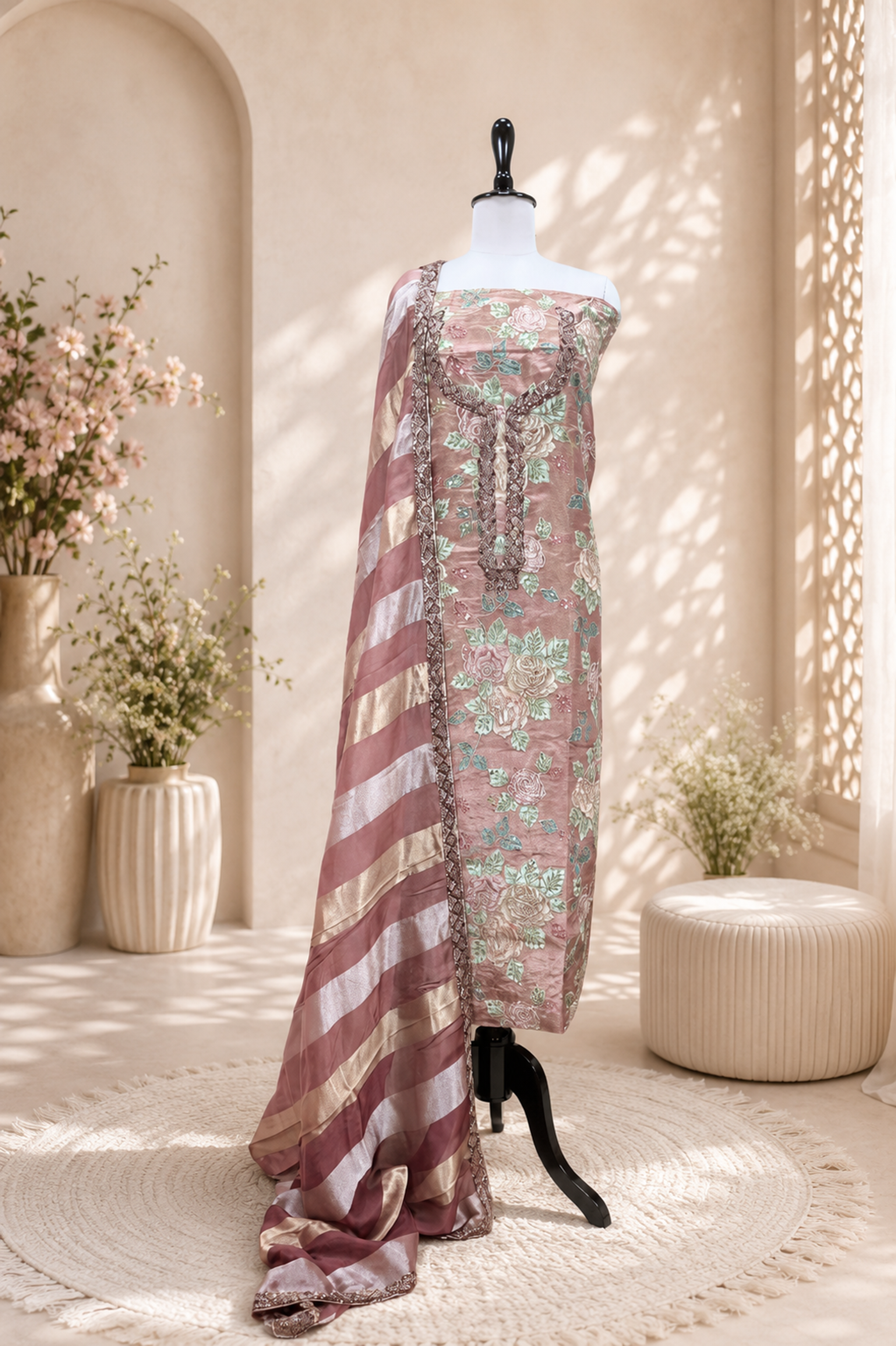 Wine Featuring Floral Embroidery and Decorative Beadwork Sequined Applique Embroidery Unstitched Suit